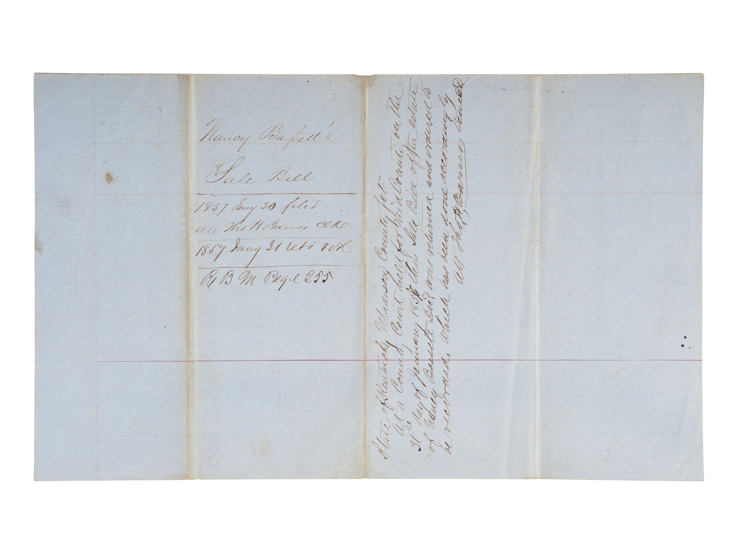 [ENSLAVEMENT & ABOLITION]. Manuscript document recording land rental, hiring of enslaved persons, and sale of the personal property from the estate of Nancy Bassett. Madison County, KY, 5 March 1856.