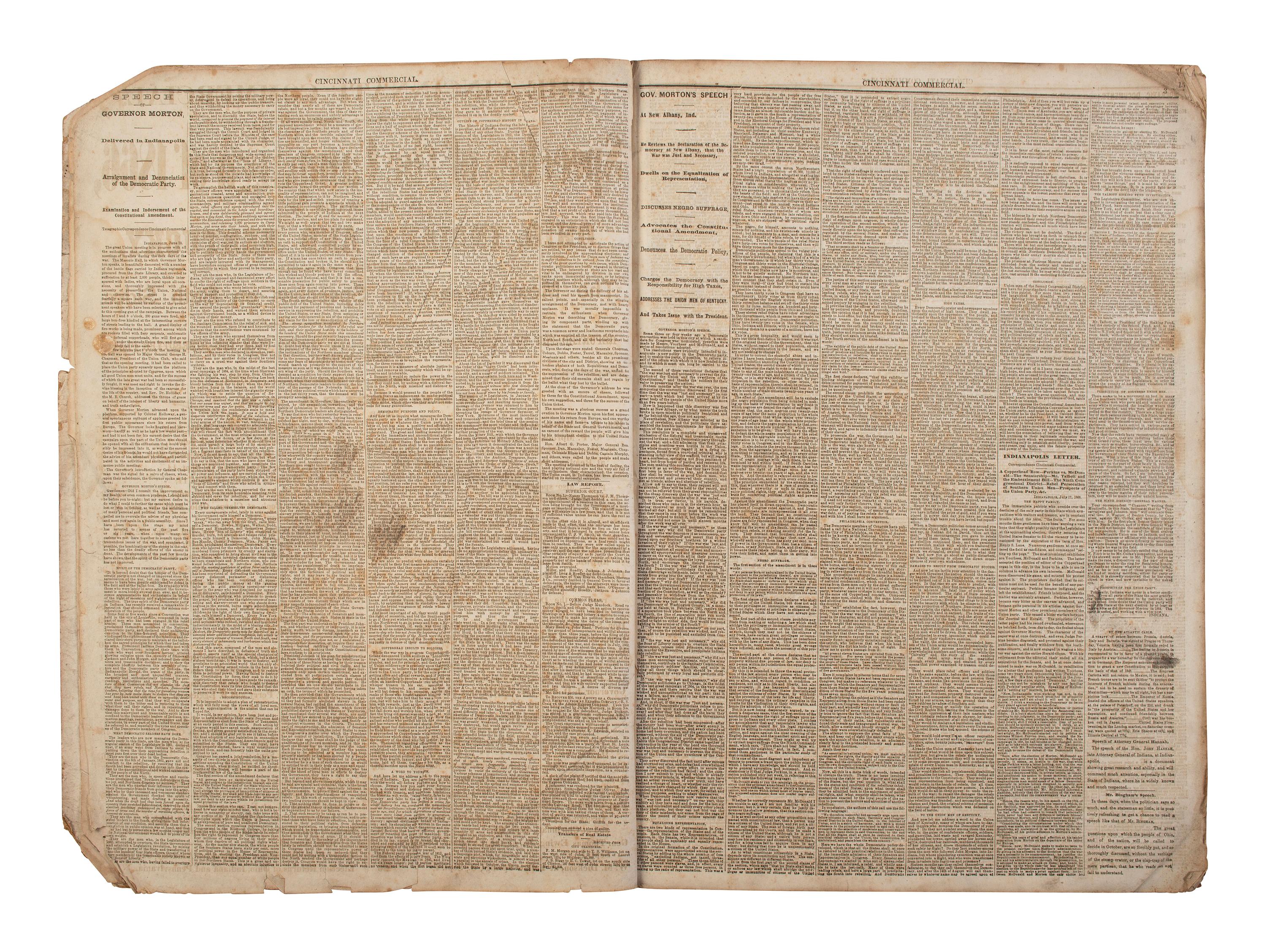 [POLITICS - RECONSTRUCTION]. The Cincinnati Commercial. Speeches of the Campaign of 1866 in the States of Ohio, Indiana, and Kentucky . Cincinnati, OH, 1866.