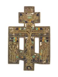 Three Russian Enamel Decorated Bronze Crosses