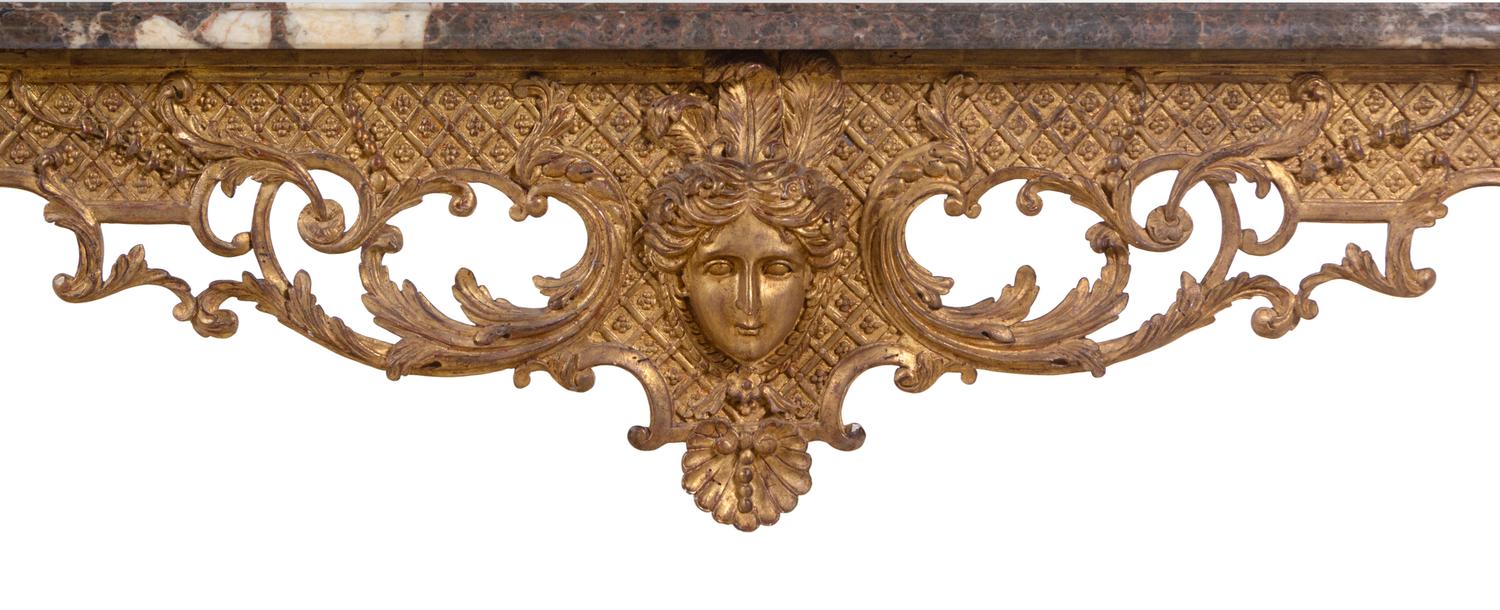 A Pair of Louis XV Style Giltwood Marble-Top Console Tables