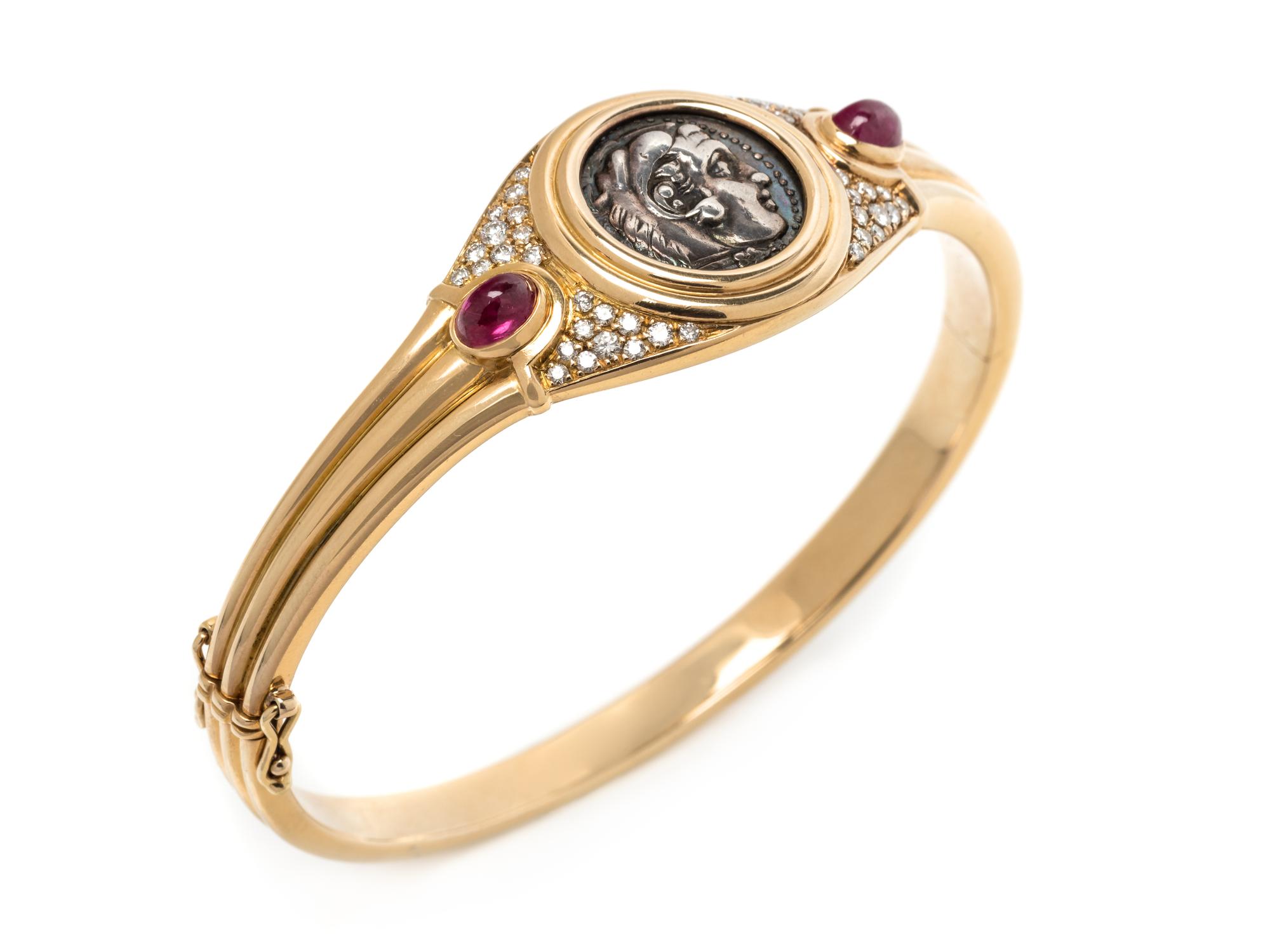 BVLGARI, YELLOW GOLD, COIN, RUBY AND DIAMOND 'MONETE' BANGLE BRACELET