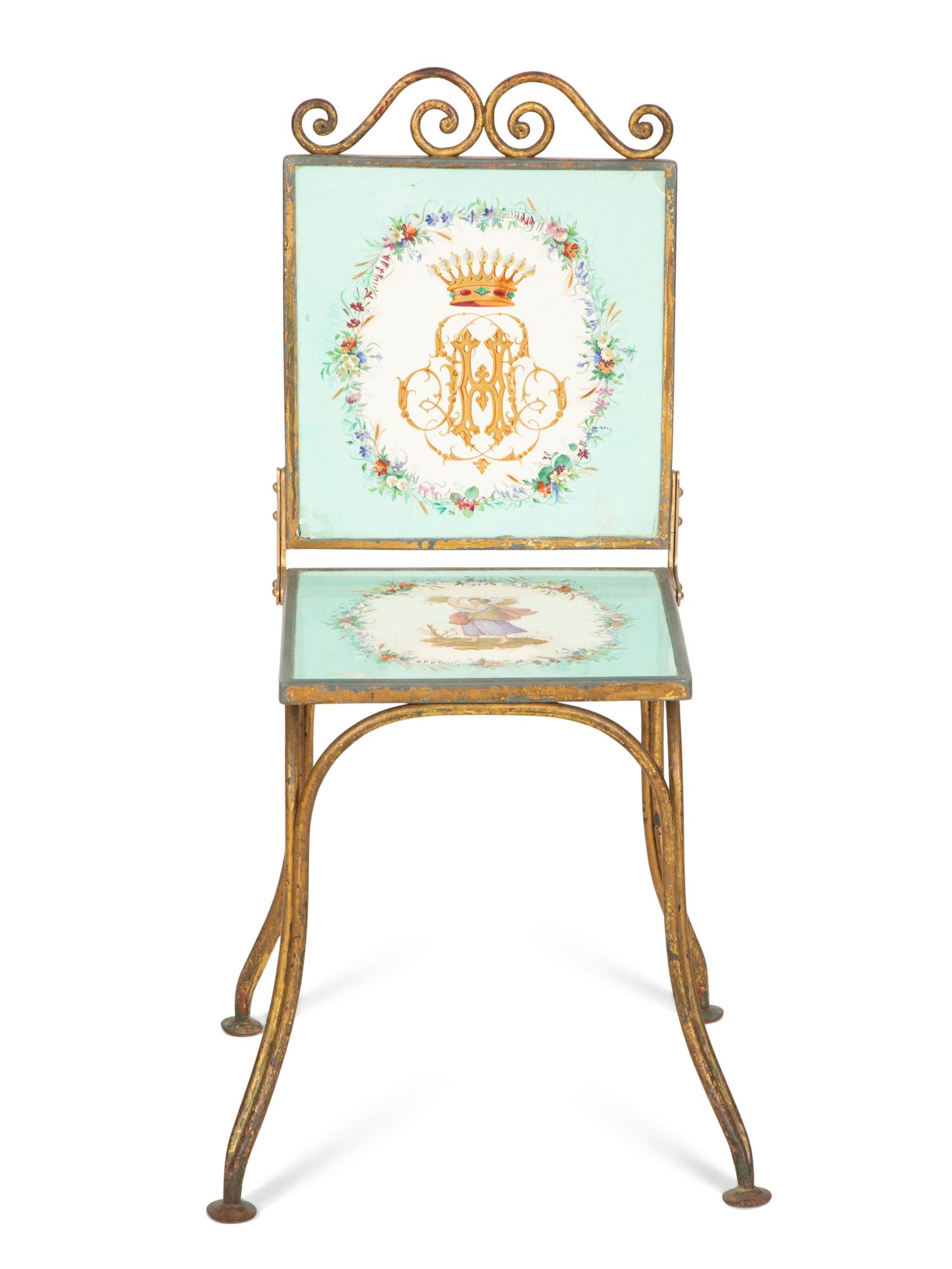 A Gilt Metal Side Chair Inset with Copeland Sèvres Style Porcelain Plaques