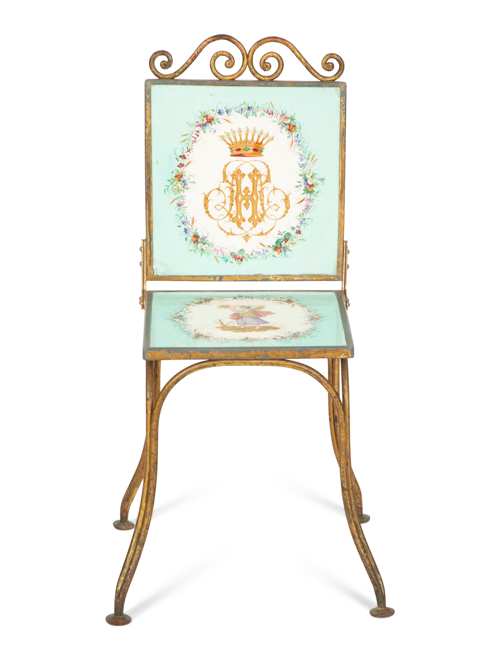 A Gilt Metal Side Chair Inset with Copeland Sèvres Style Porcelain Plaques