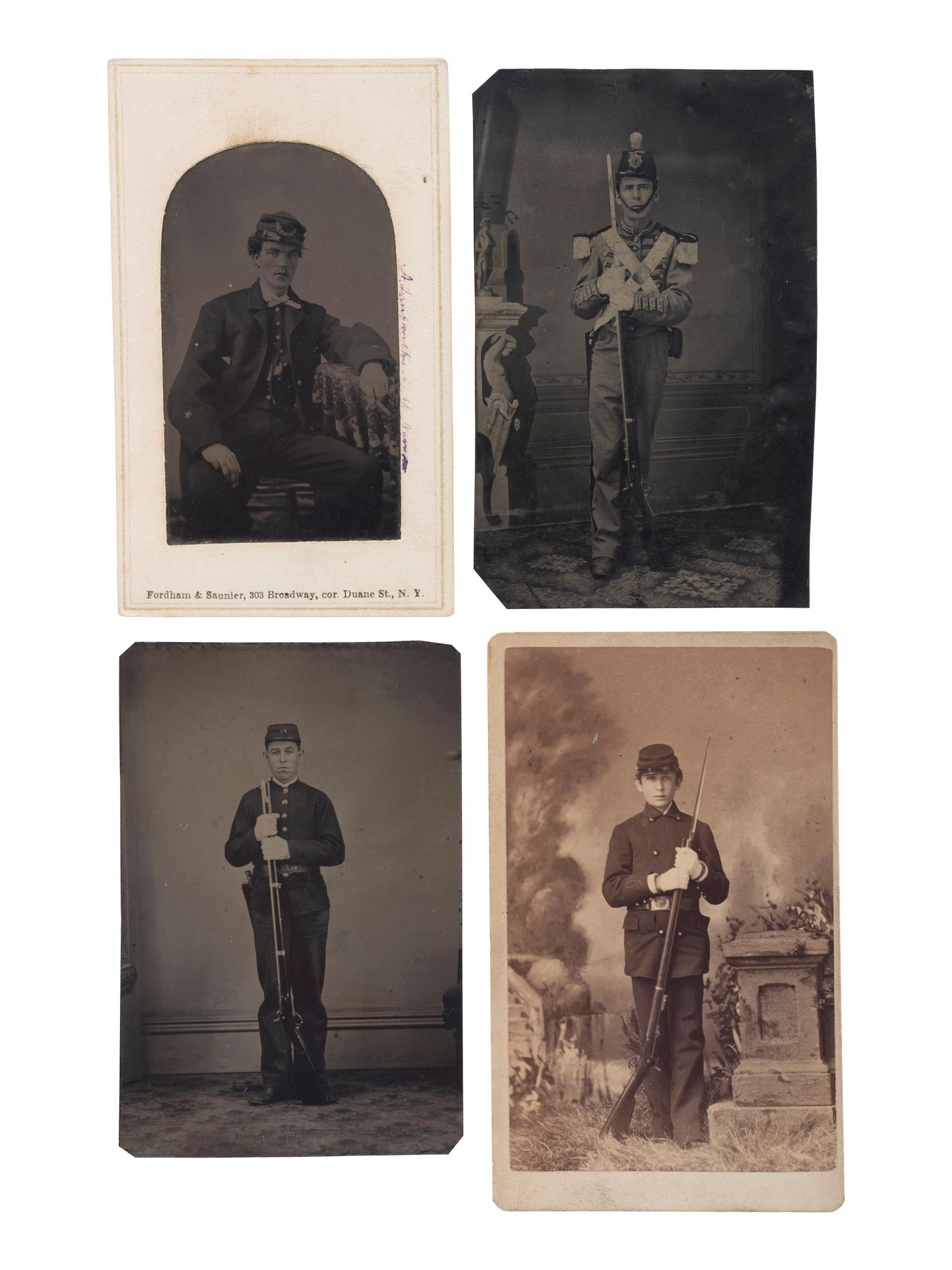 [CIVIL WAR]. A group of 5 photographs of soldiers, highlighted by quarter plate tintype of Union infantryman.