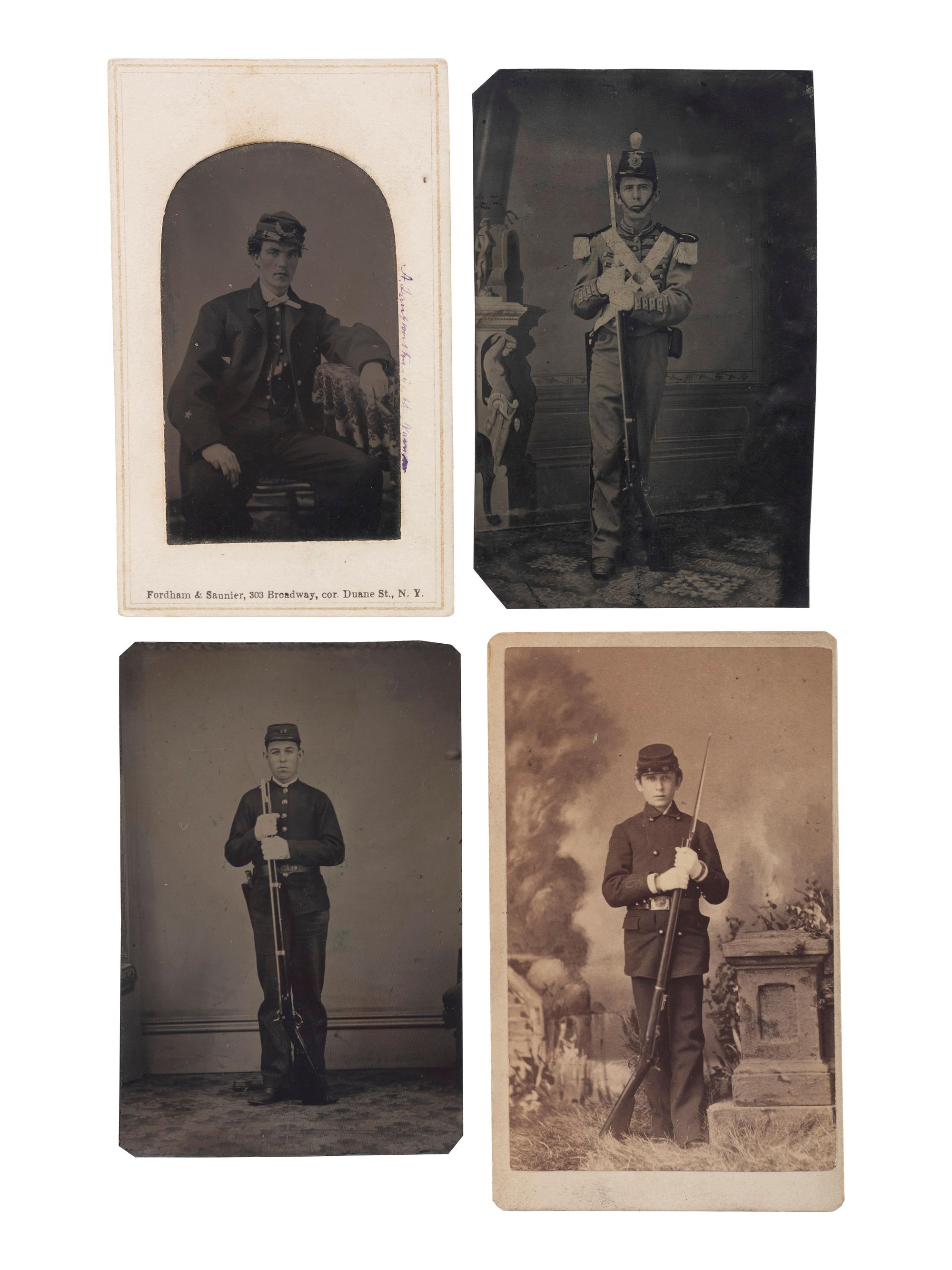 [CIVIL WAR]. A group of 5 photographs of soldiers, highlighted by quarter plate tintype of Union infantryman.