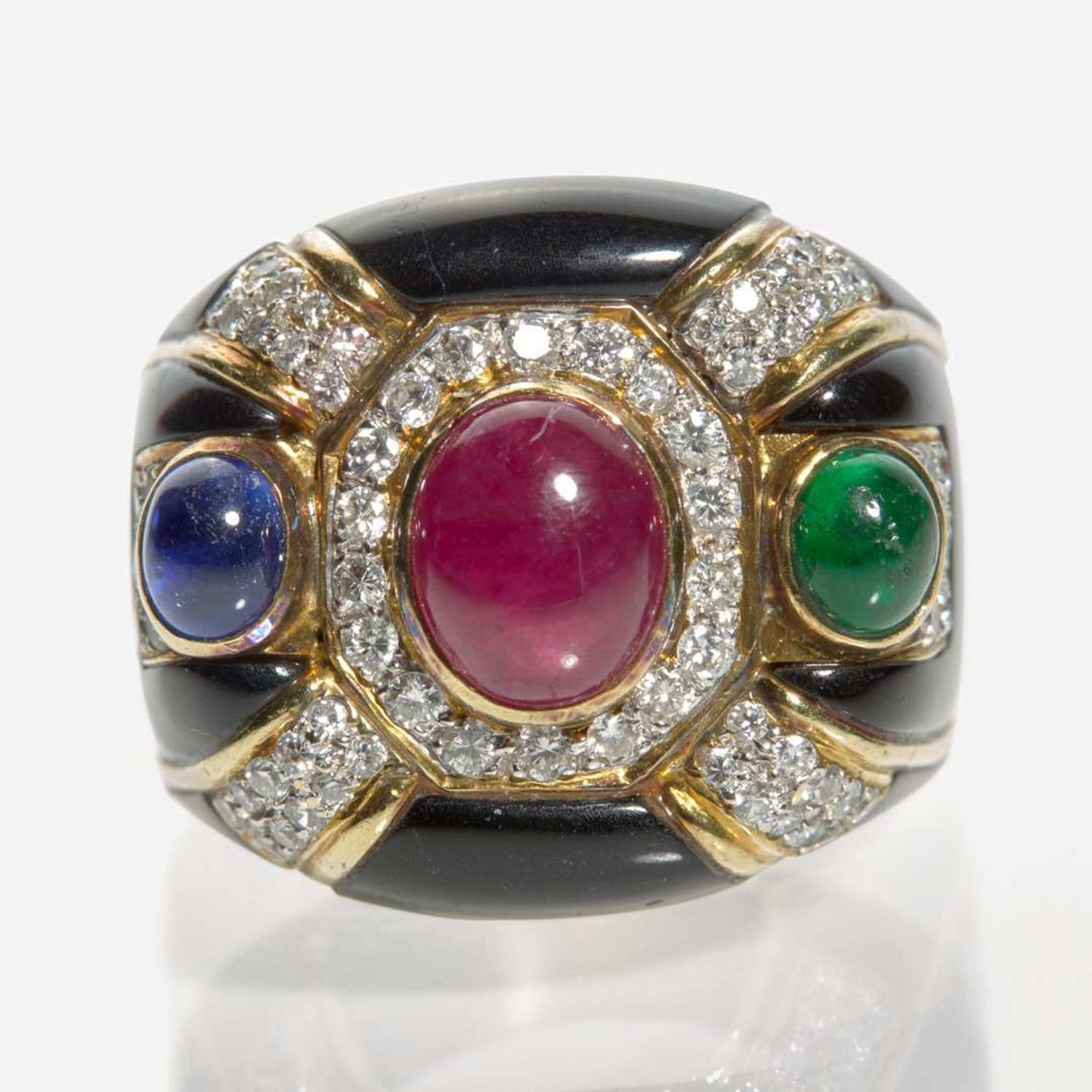 An 18K Yellow Gold, Enamel, and Gemstone Ring