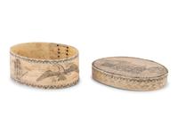 An Unusual Scrimshaw Panbone Oval Ditty Box With Engraved Surfaces and Panbone Bottom