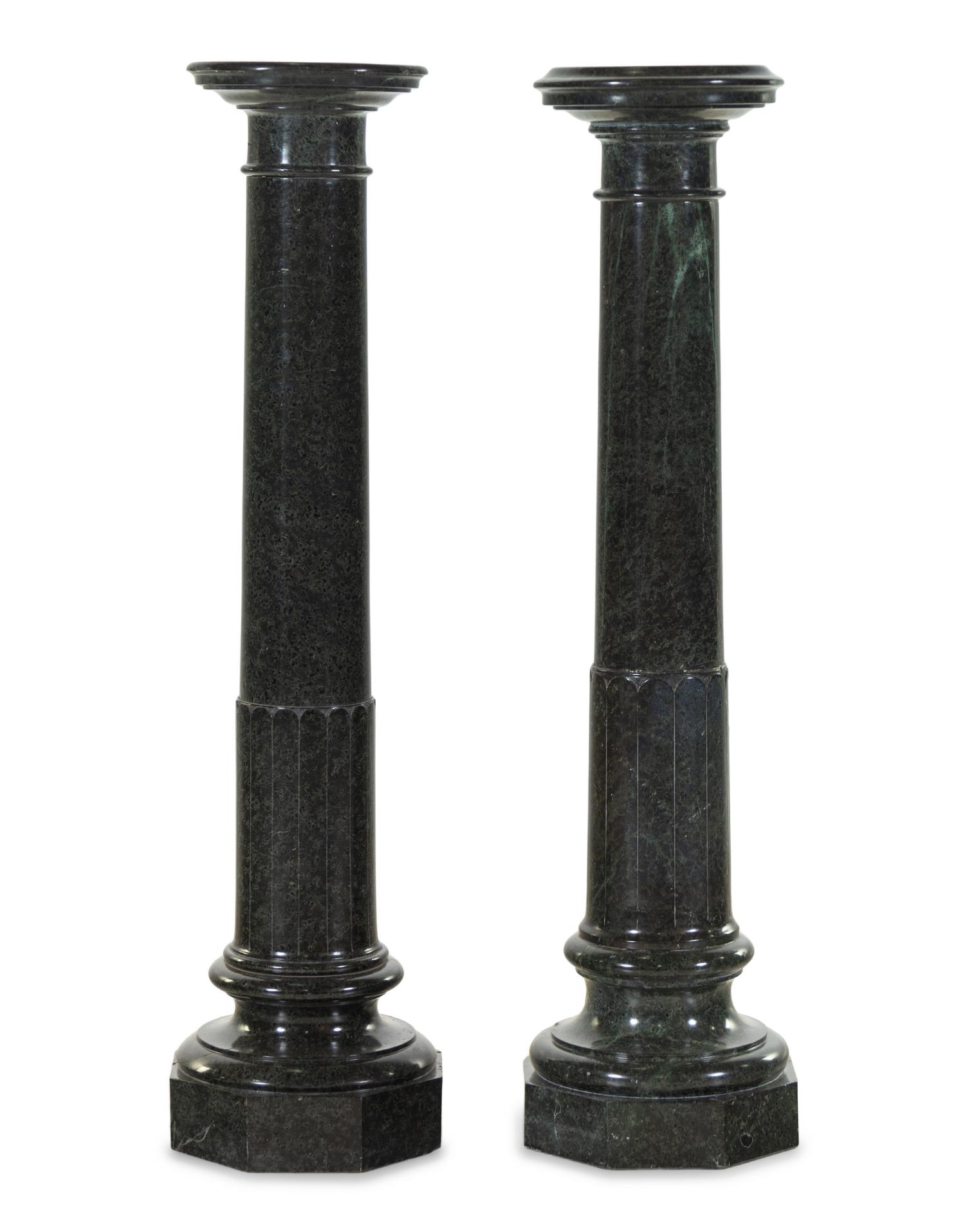 A Pair of Neoclassical Carved Verde Antico Marble Pedestals