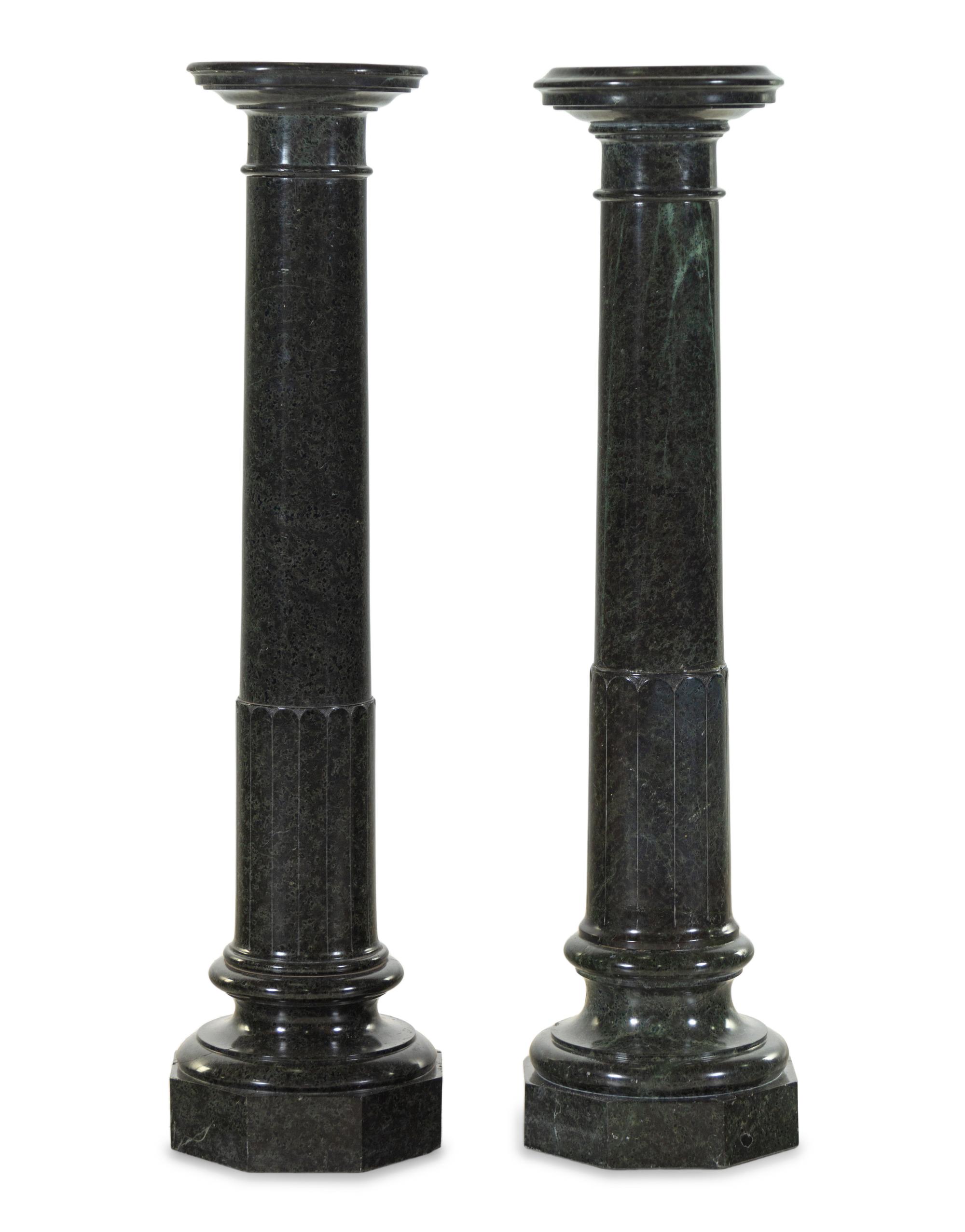A Pair of Neoclassical Carved Verde Antico Marble Pedestals