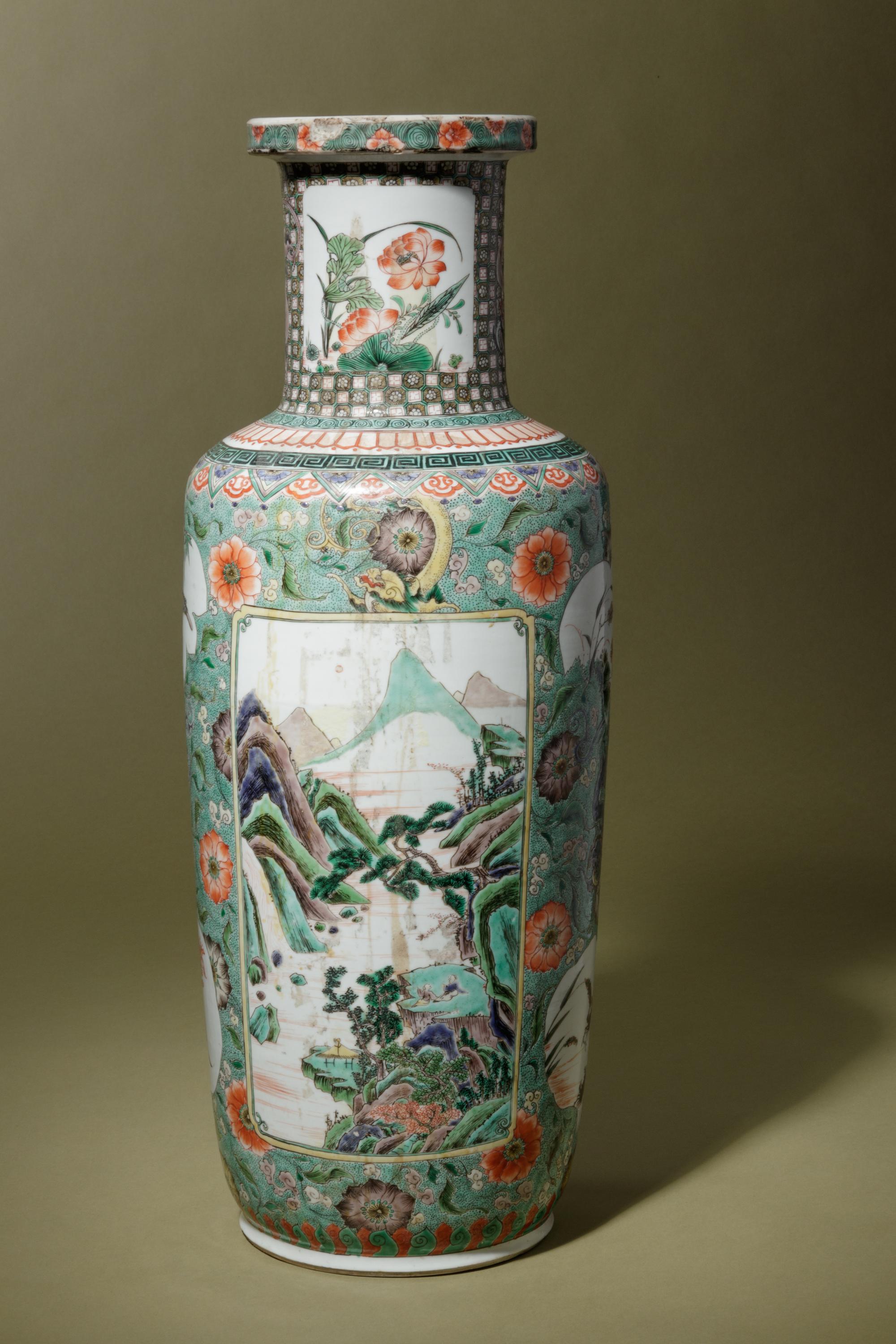 A Famille Verte Porcelain Rouleau Vase