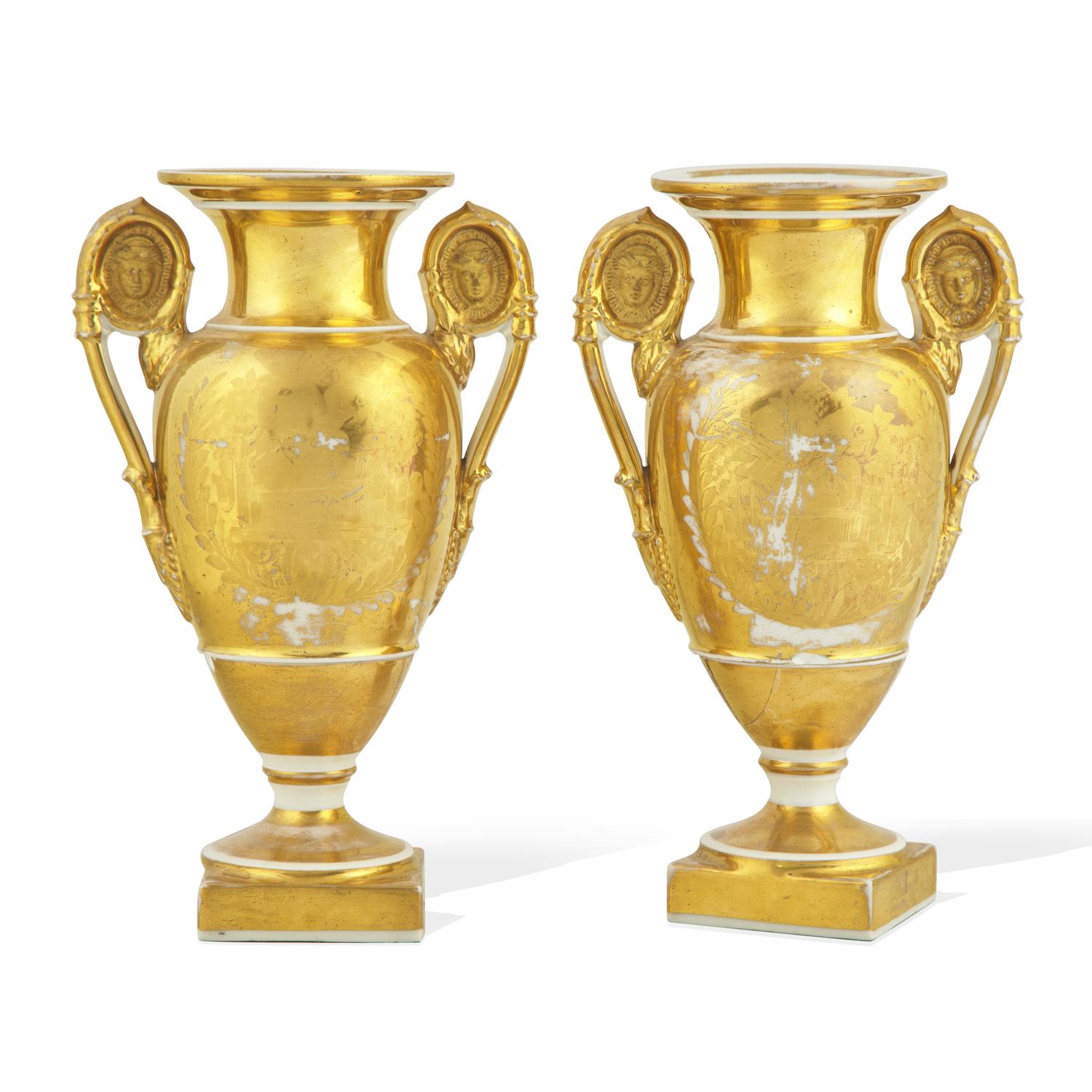 A Pair of Paris Porcelain Gilt and Enamel-Decorated Vases