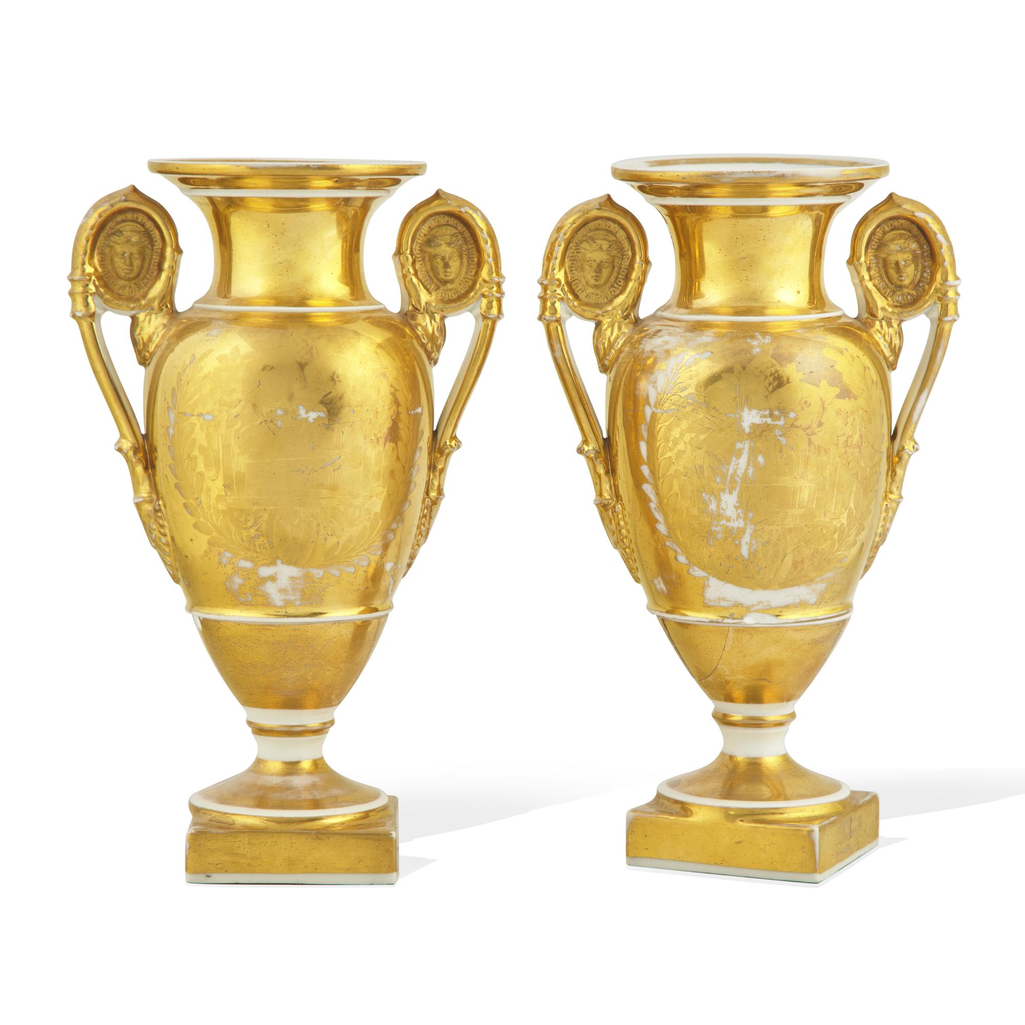 A Pair of Paris Porcelain Gilt and Enamel-Decorated Vases