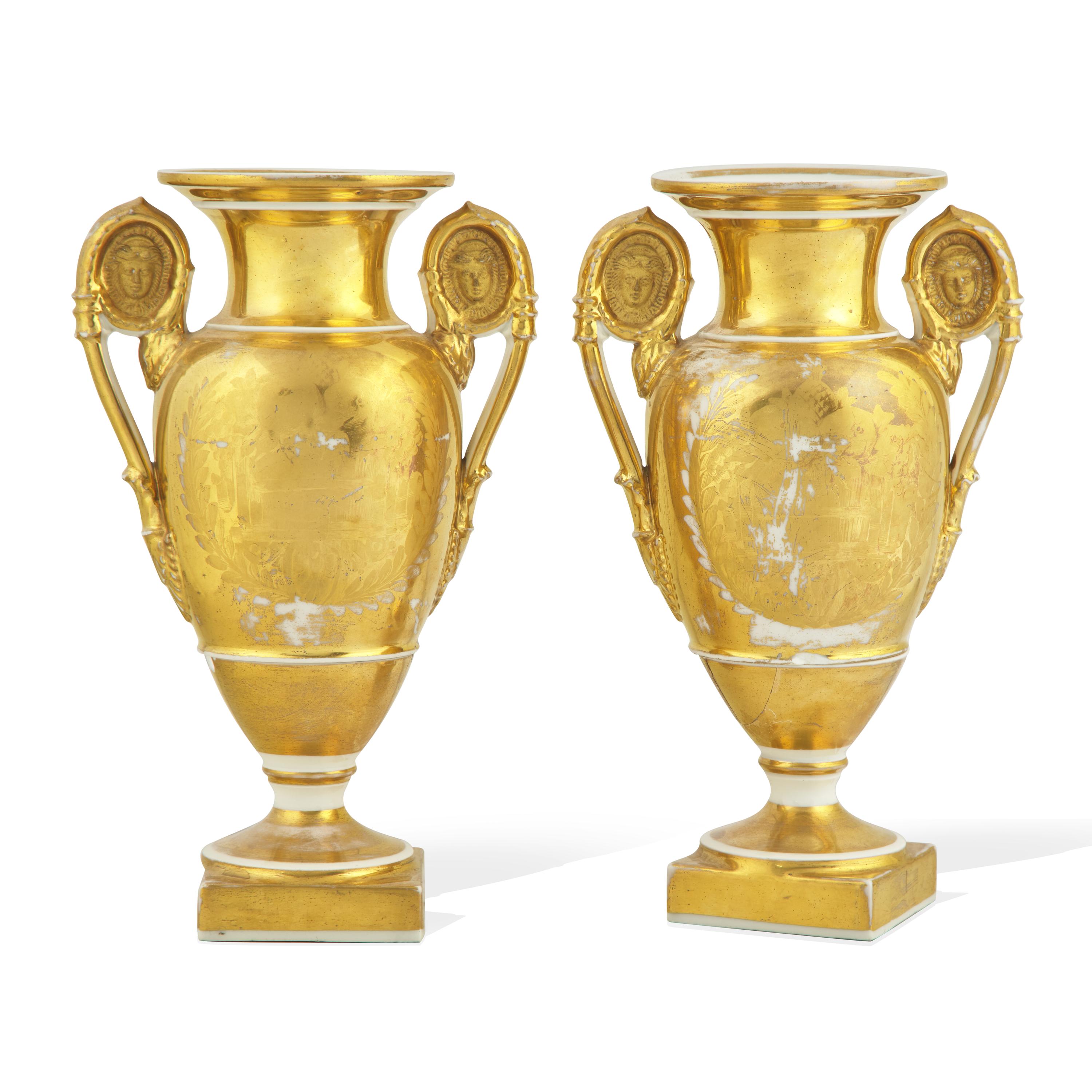 A Pair of Paris Porcelain Gilt and Enamel-Decorated Vases