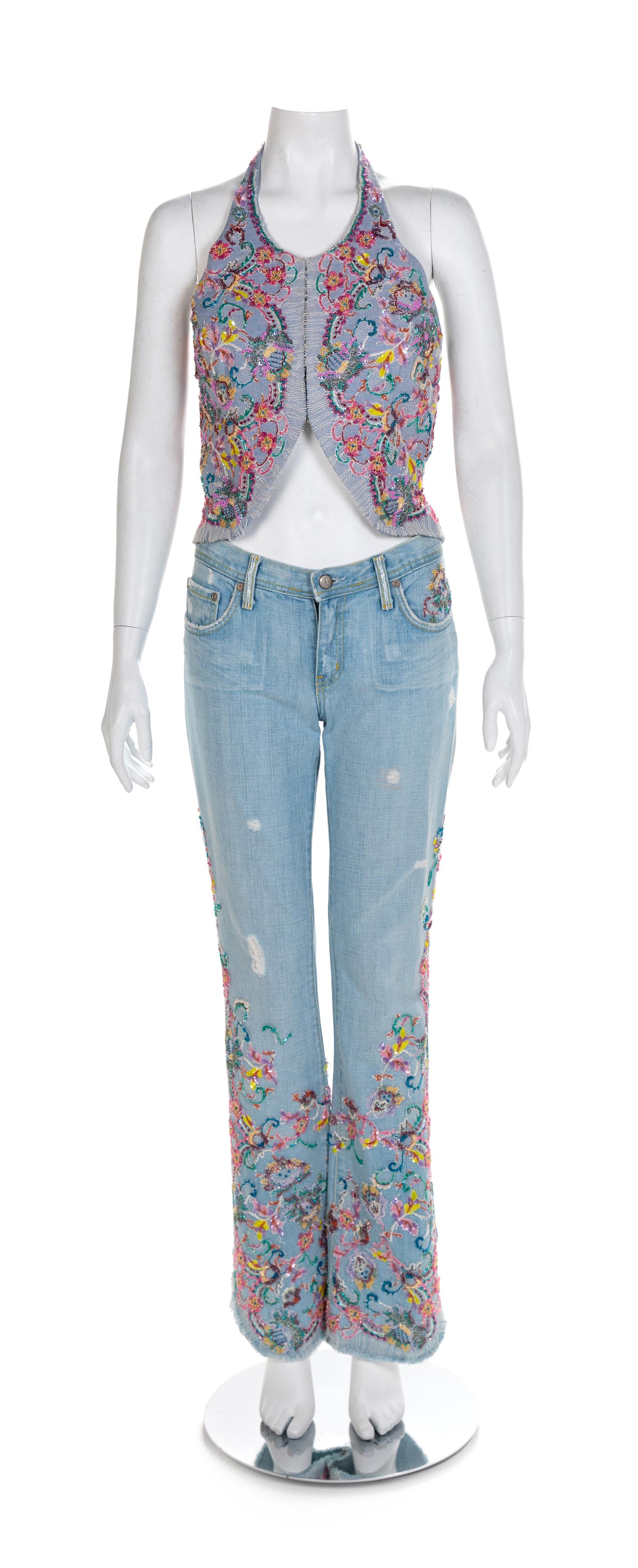 J&M Costumers Hollywood Denim Ensemble with Floral Applique, 1980-90s No size label