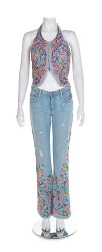 J&M Costumers Hollywood Denim Ensemble with Floral Applique, 1980-90s No size label
