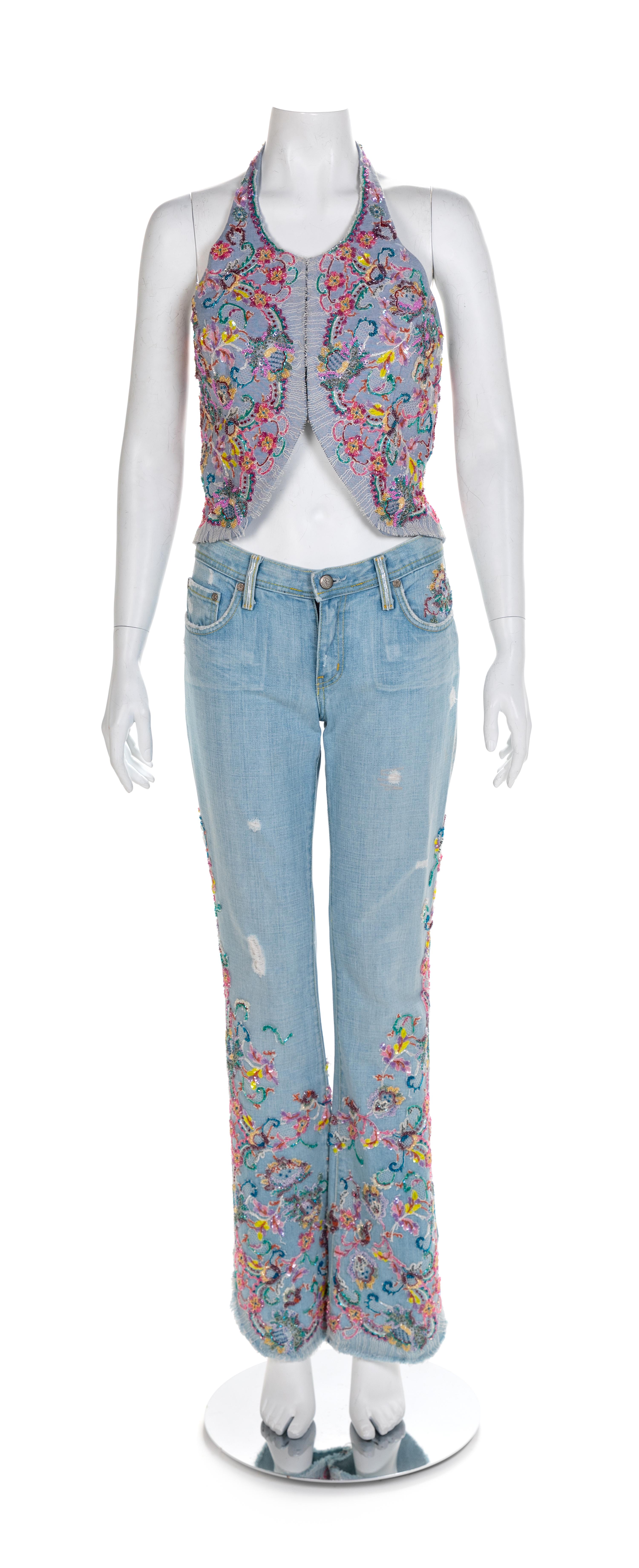 J&M Costumers Hollywood Denim Ensemble with Floral Applique, 1980-90s No size label