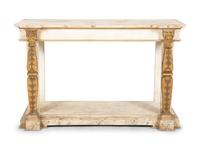 A Pair of French Neoclassical Painted and Parcel Gilt Pier Tables