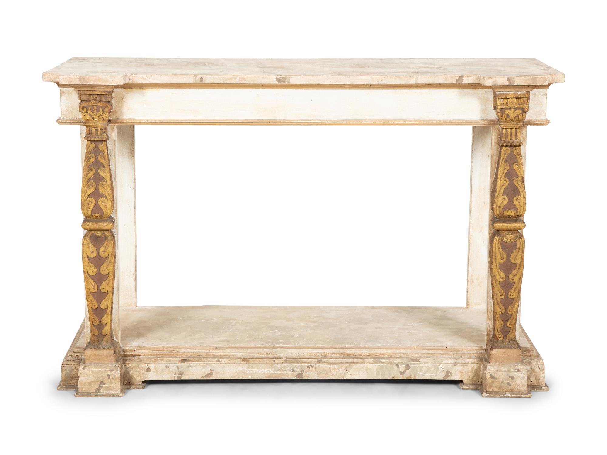 A Pair of French Neoclassical Painted and Parcel Gilt Pier Tables