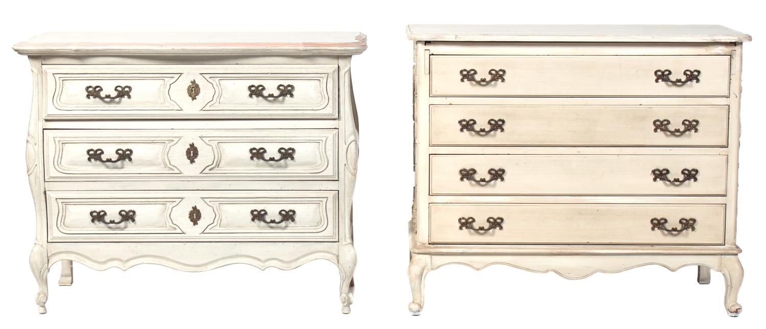 A Louis XV Style White Painted Chest of Drawers Height of first 29 1/2 x width 35 1/2 x depth 17 inches. — 20TH CENTURY