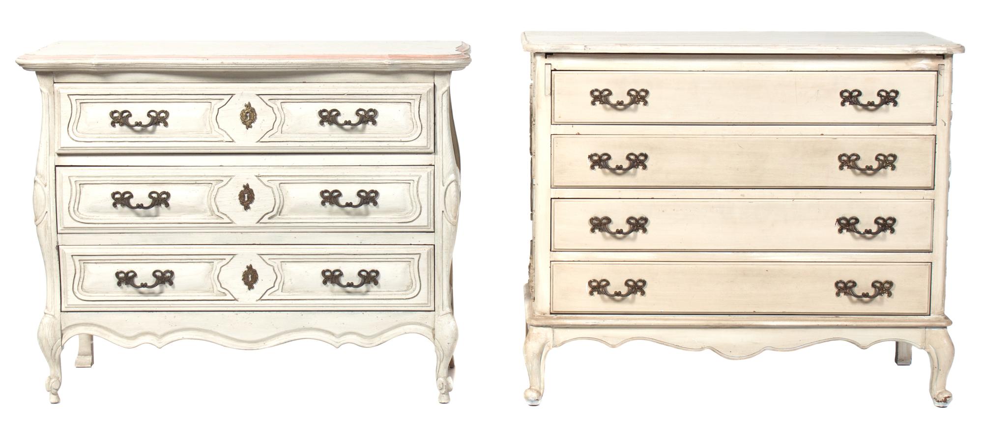 A Louis XV Style White Painted Chest of Drawers Height of first 29 1/2 x width 35 1/2 x depth 17 inches. — 20TH CENTURY