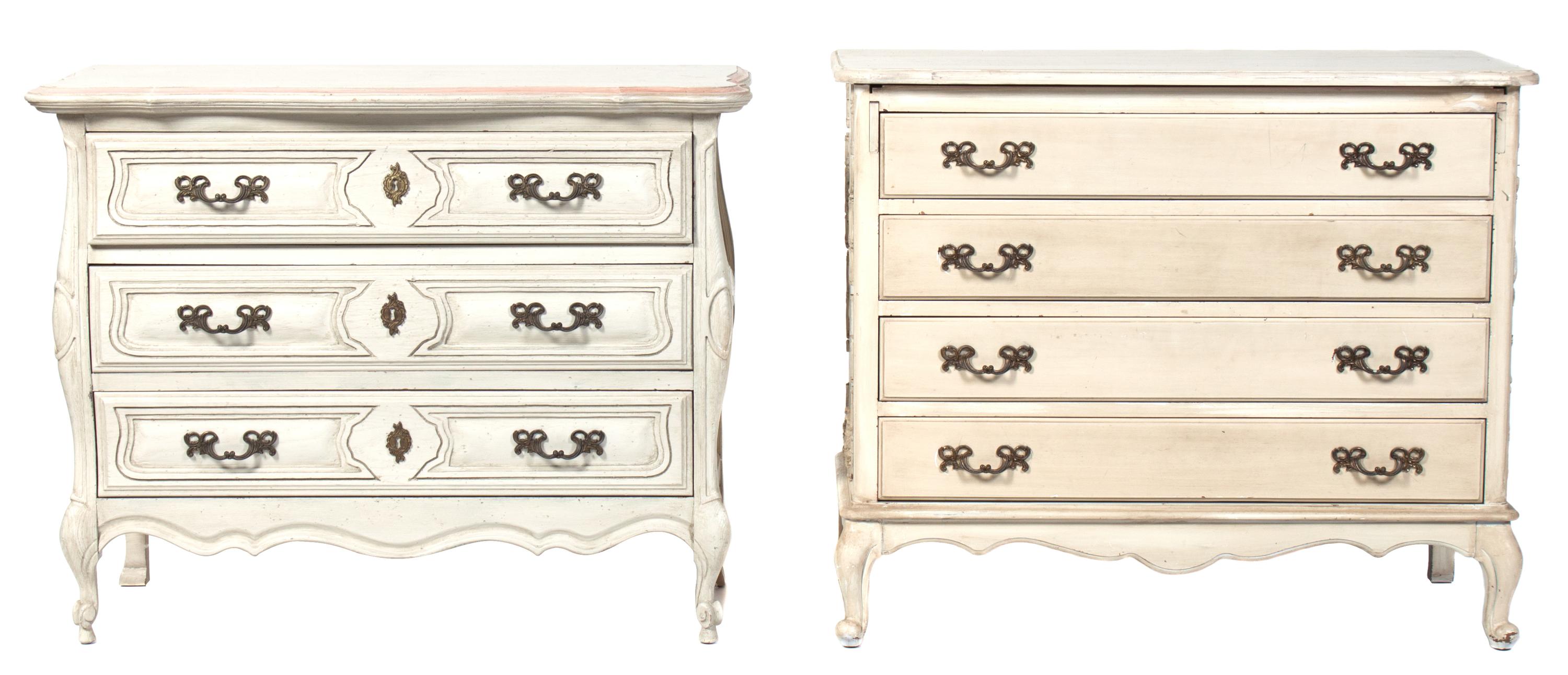 A Louis XV Style White Painted Chest of Drawers Height of first 29 1/2 x width 35 1/2 x depth 17 inches. — 20TH CENTURY