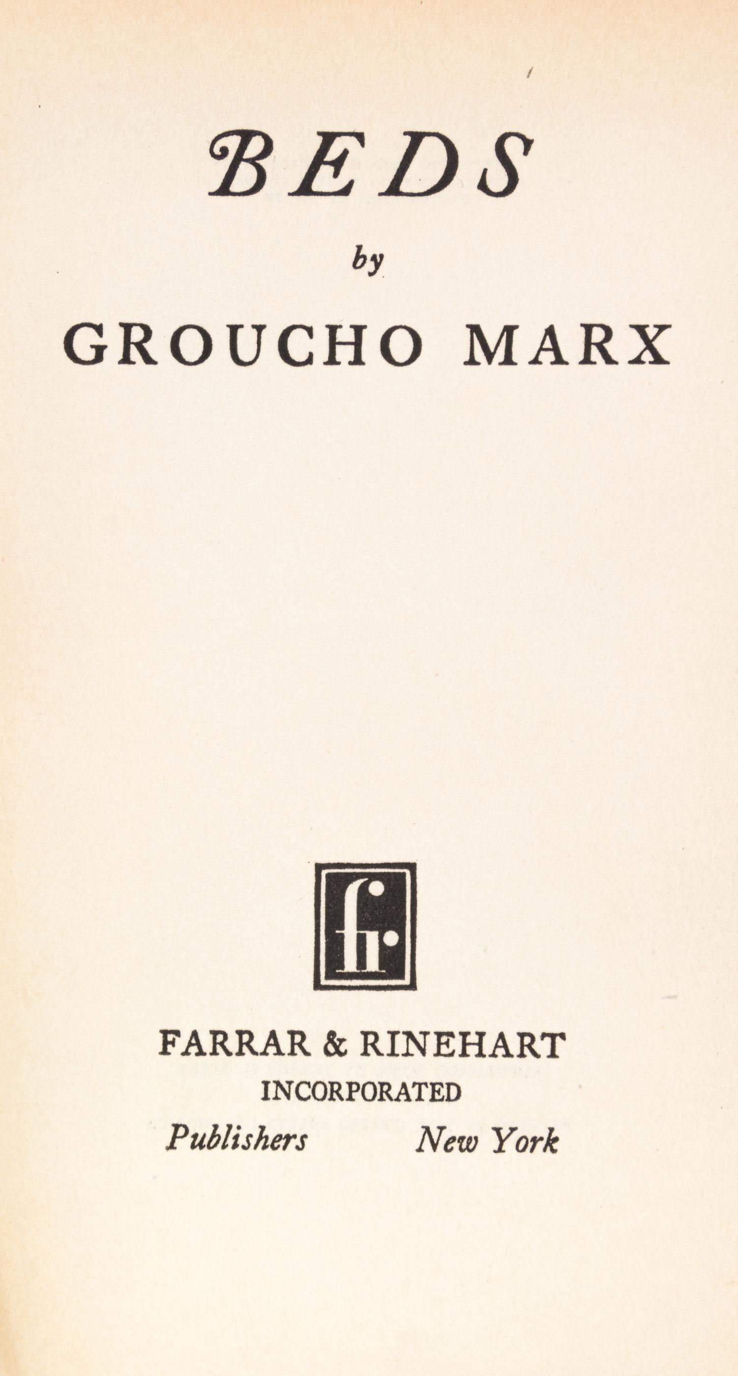 (MARX, GROUCHO) Beds. New York, 1930. Inscribed by Marx.