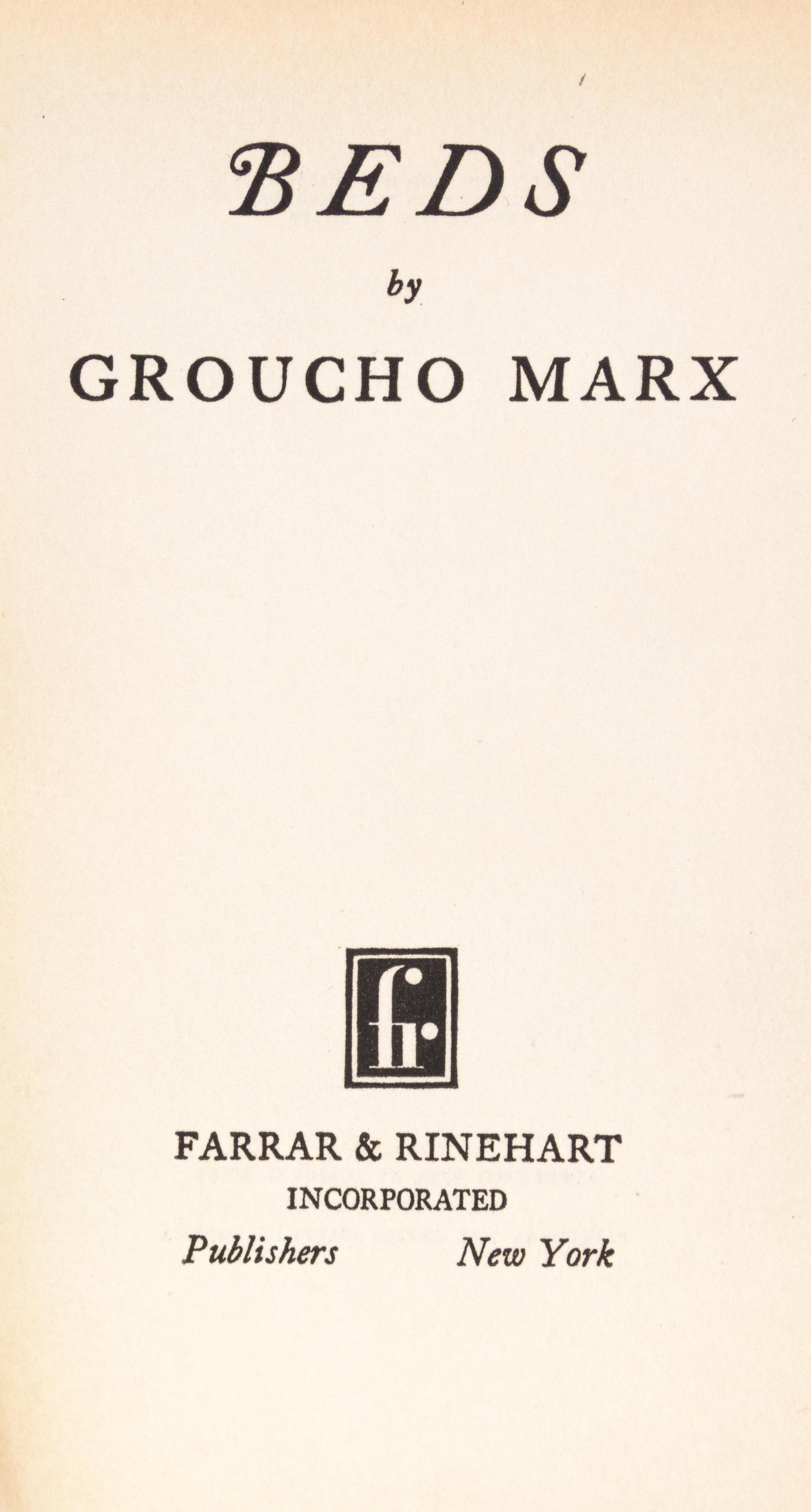 (MARX, GROUCHO) Beds. New York, 1930. Inscribed by Marx.