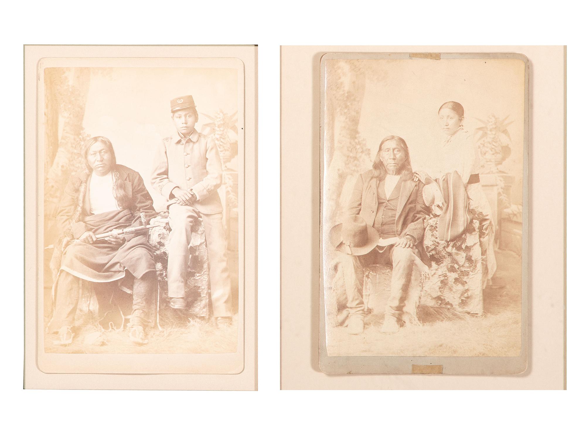 [CHOATE, John N. (1848-1902), photographer]. Two cabinet cards featuring Arapaho Chief Little Raven with daughter Anna, and Cheyenne warrior Bobtail Horse with son Joseph. [Carlisle, PA], ca 1880.