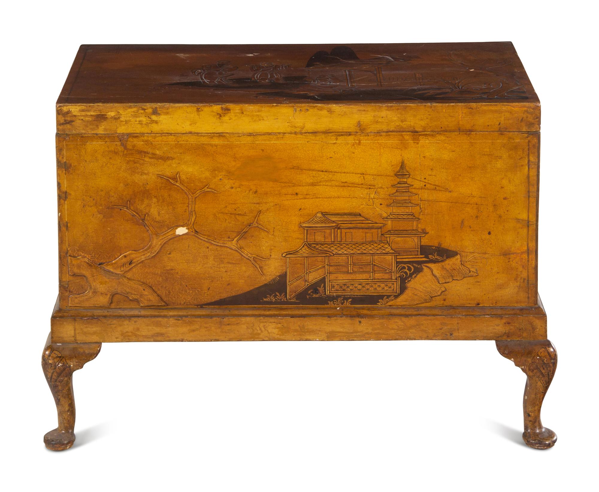 A Chinoiserie Decorated Trunk on Stand