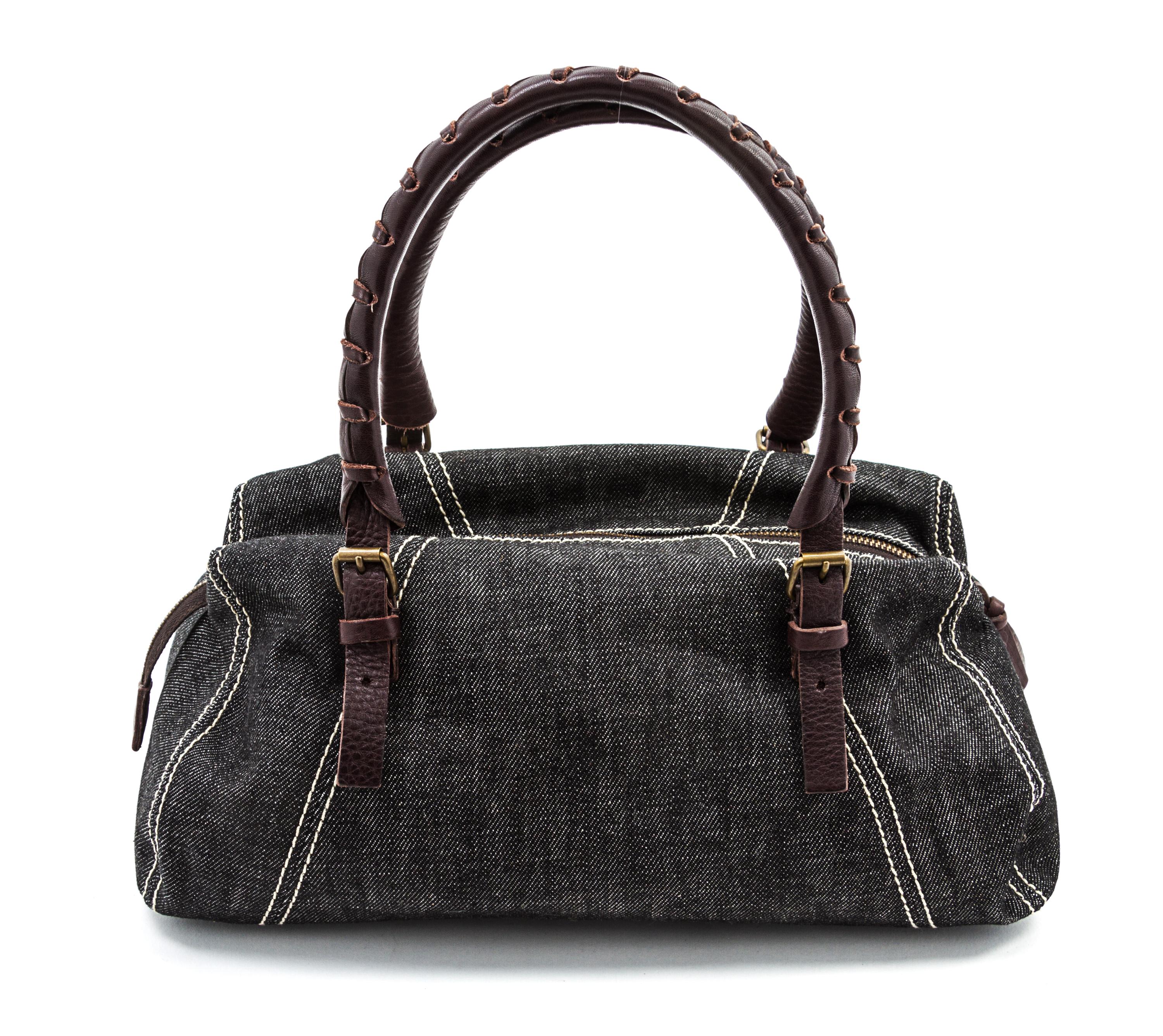 A Miu Miu Denim and Brown Leather Bag, 13 x 6 1/2 x 6 inches.