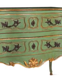 A Louis XV Provincial Style Green-Painted and Parcel-Gilt Commode