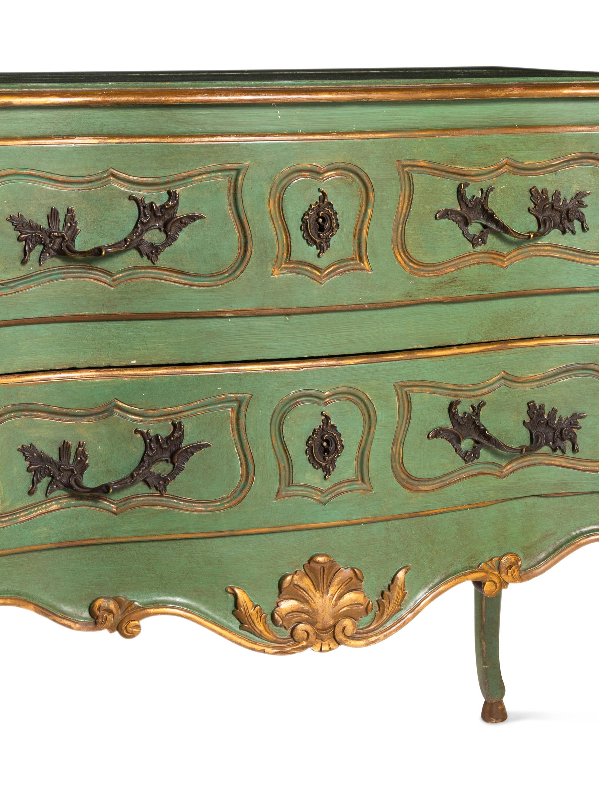 A Louis XV Provincial Style Green-Painted and Parcel-Gilt Commode