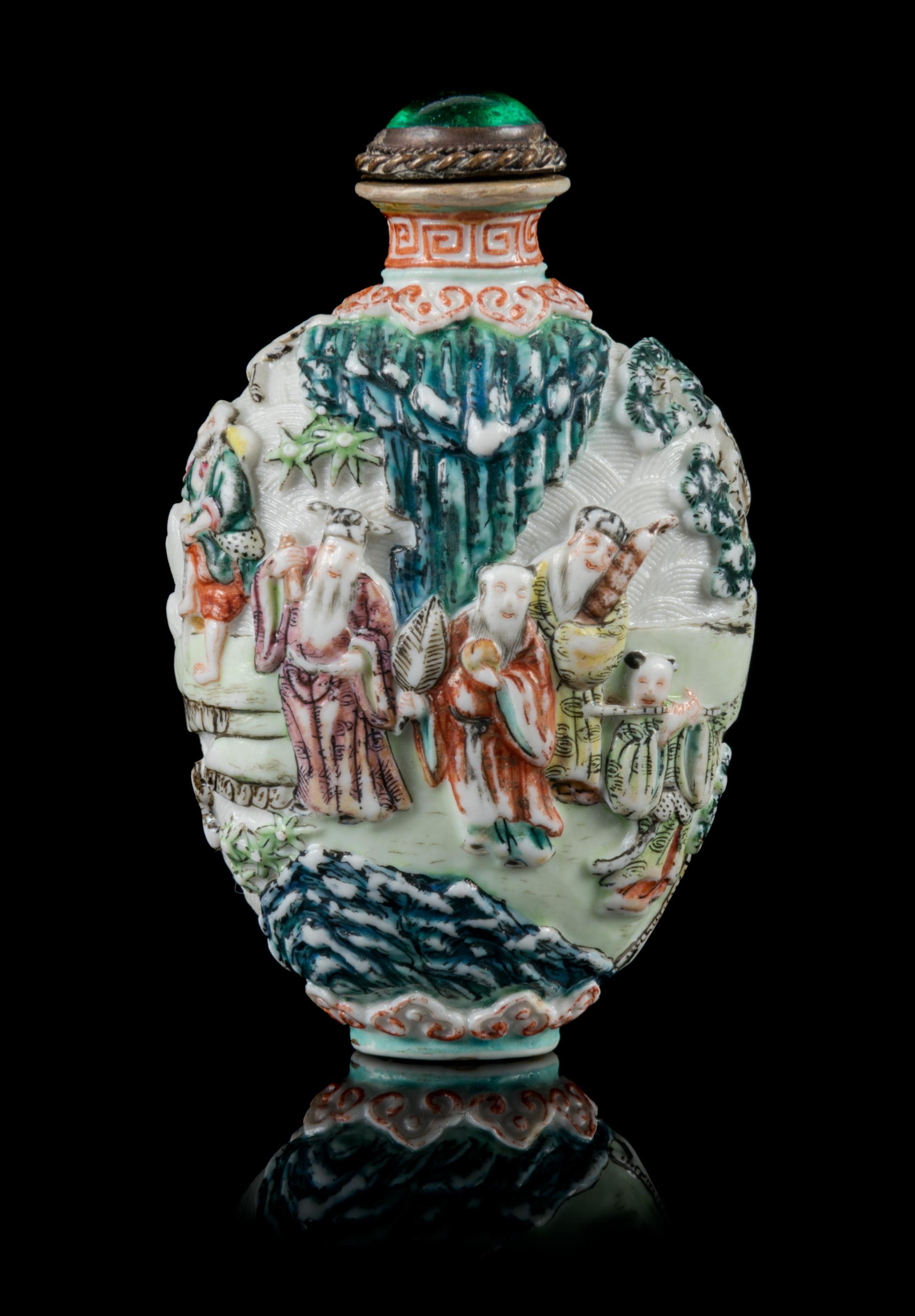 A Molded Famille Rose Porcelain Snuff Bottle Height 3 inches. — JIAQING PERIOD (1821-1850)