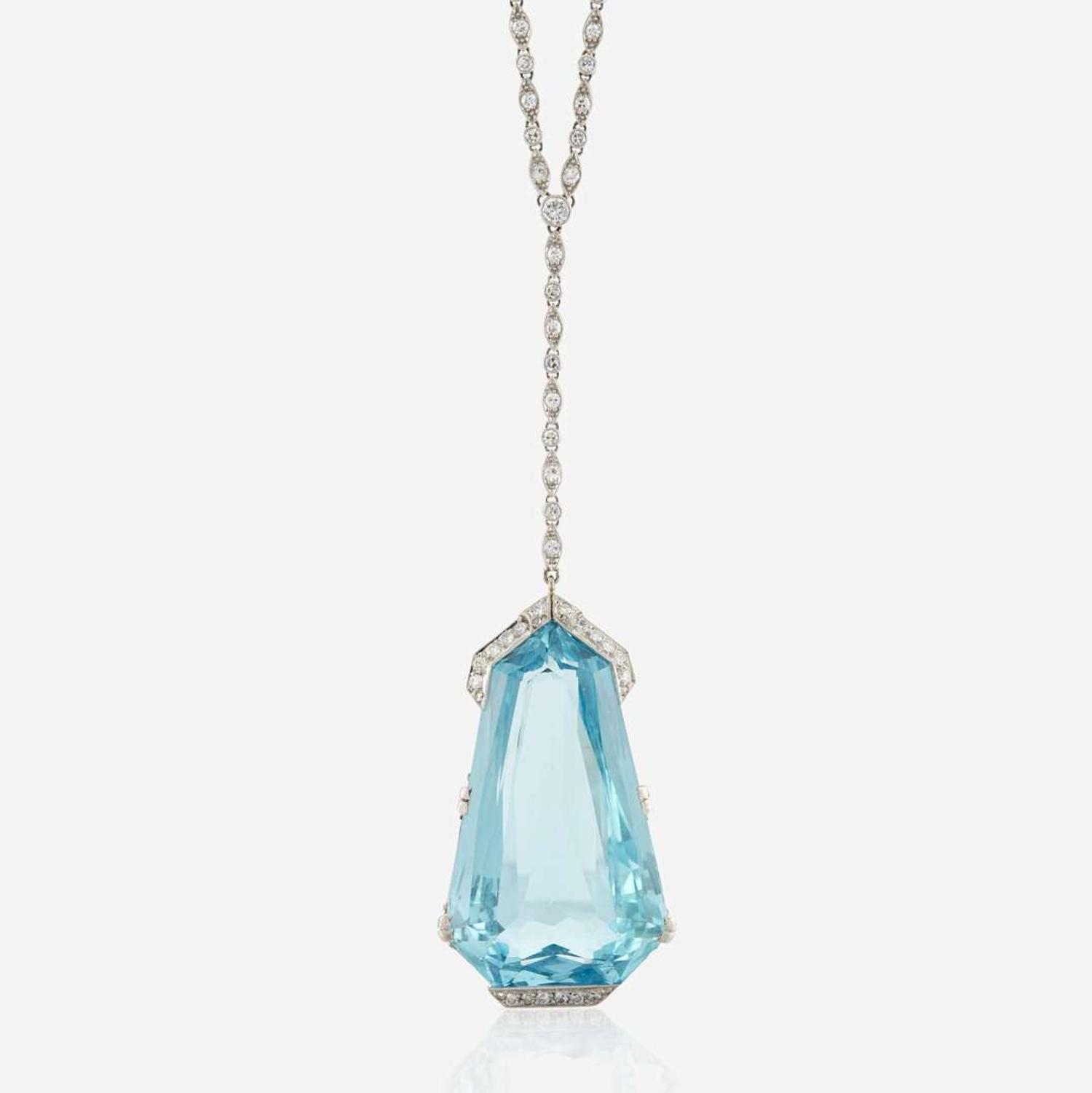 A diamond, aquamarine, and palladium pendant necklace, Tiffany & Co.