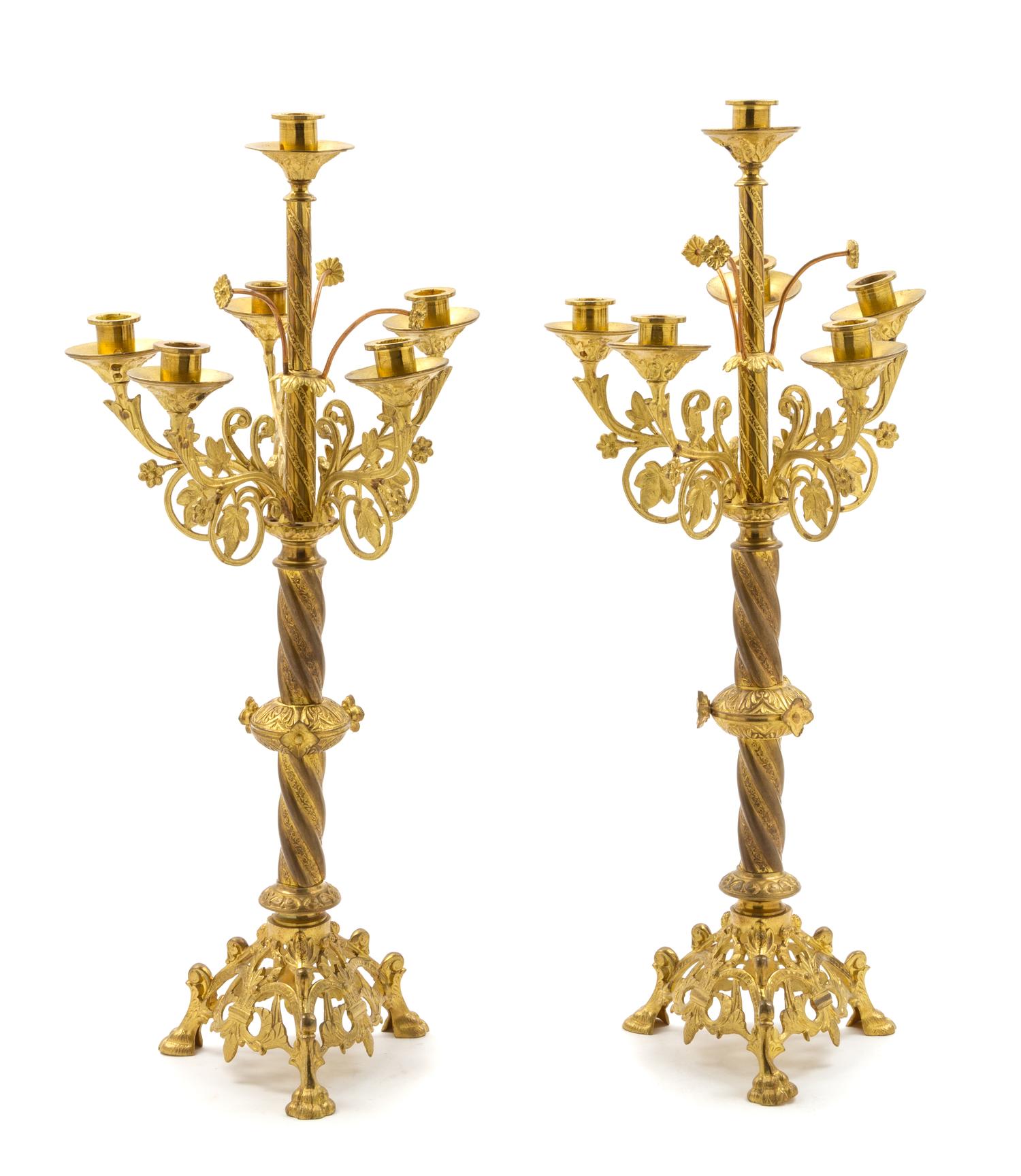 A Pair of Italian Gilt Metal Six-Light Altar Candelabra Height 25 inches. — EARLY 20TH CENTURY