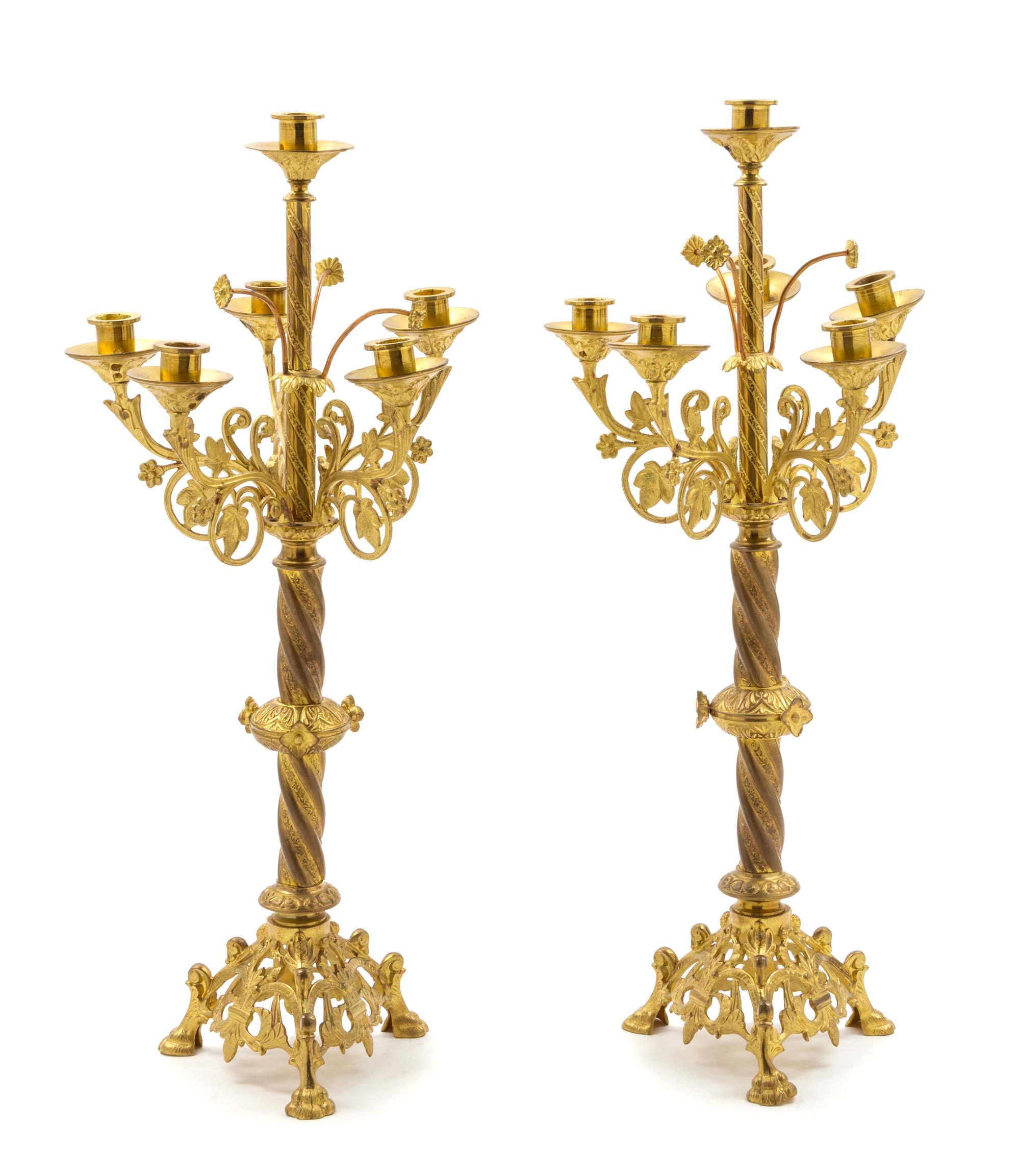 A Pair of Italian Gilt Metal Six-Light Altar Candelabra Height 25 inches. — EARLY 20TH CENTURY