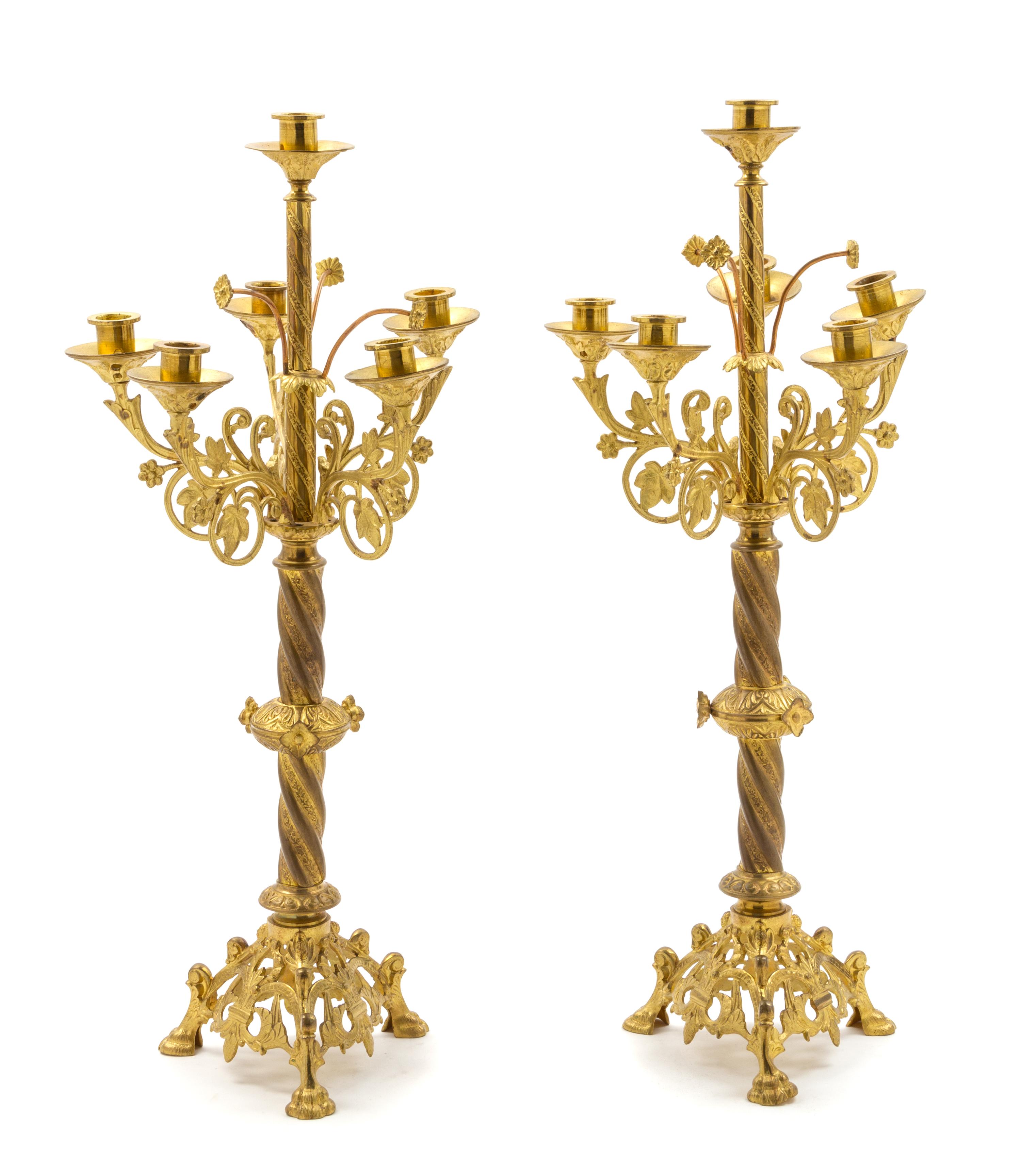 A Pair of Italian Gilt Metal Six-Light Altar Candelabra Height 25 inches. — EARLY 20TH CENTURY