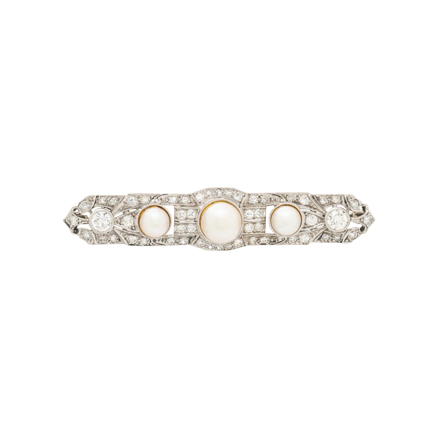 PLATINUM, CULTURED PEARL, AND DIAMOND BAR PIN