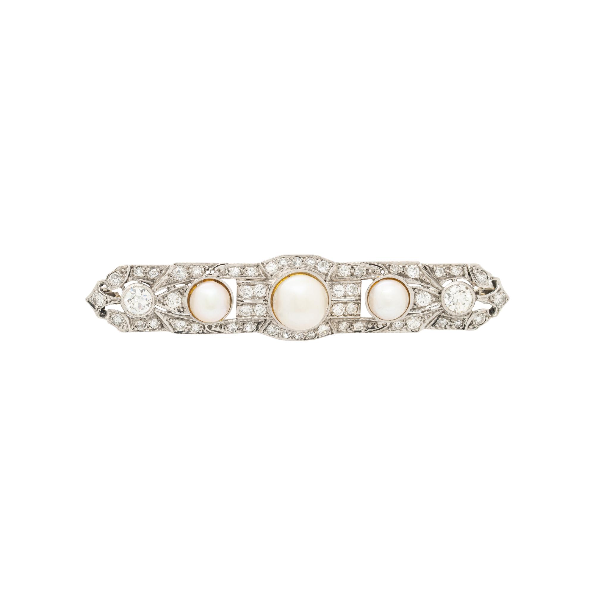 PLATINUM, CULTURED PEARL, AND DIAMOND BAR PIN