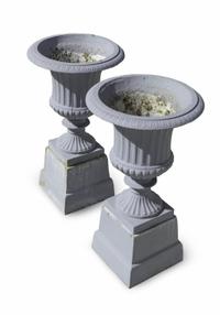 A Pair of Grey Painted Cast Iron Campana-form Garden Urns — 20TH CENTURY