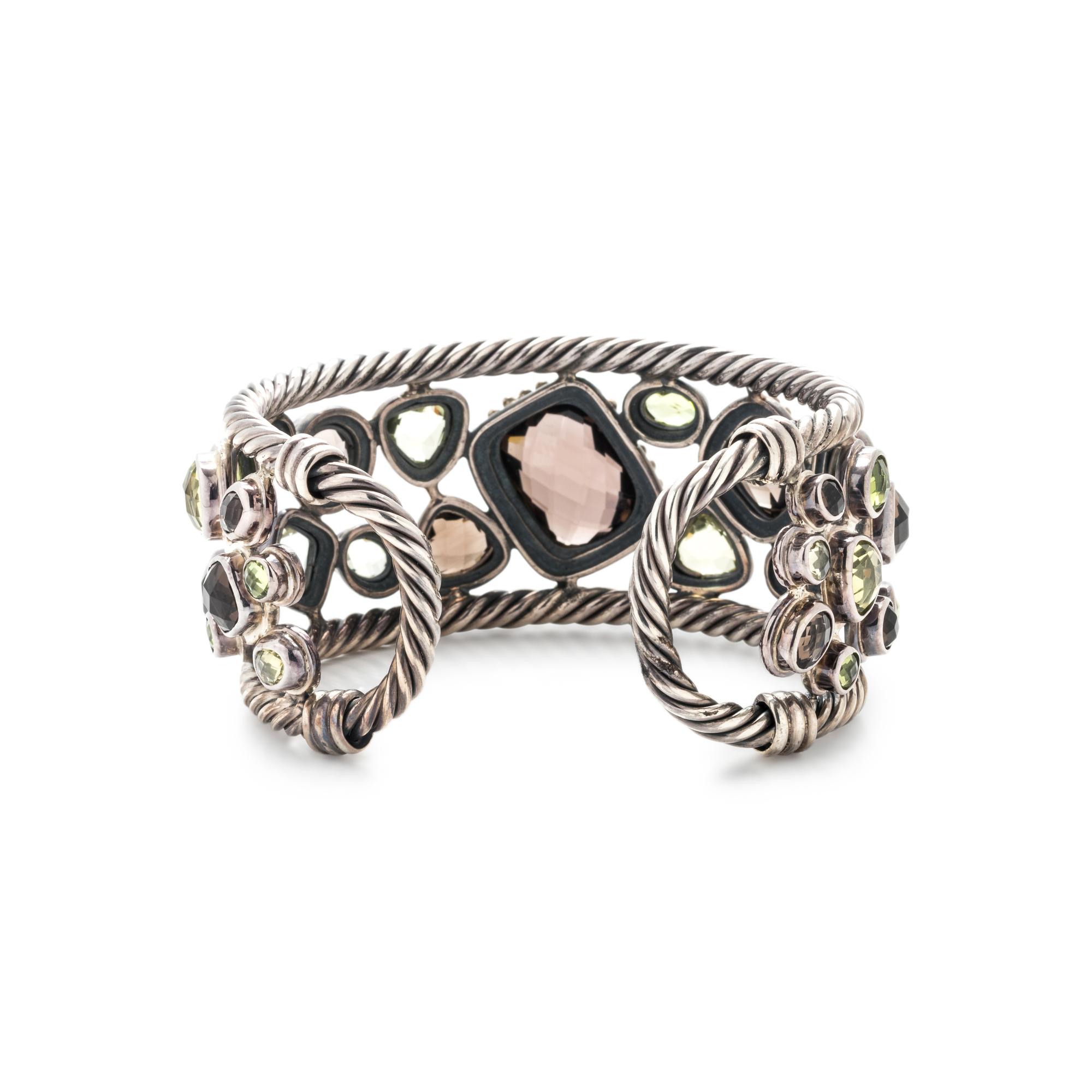 STERLING SILVER, YELLOW GOLD AND GEMSTONE CUFF BRACELET