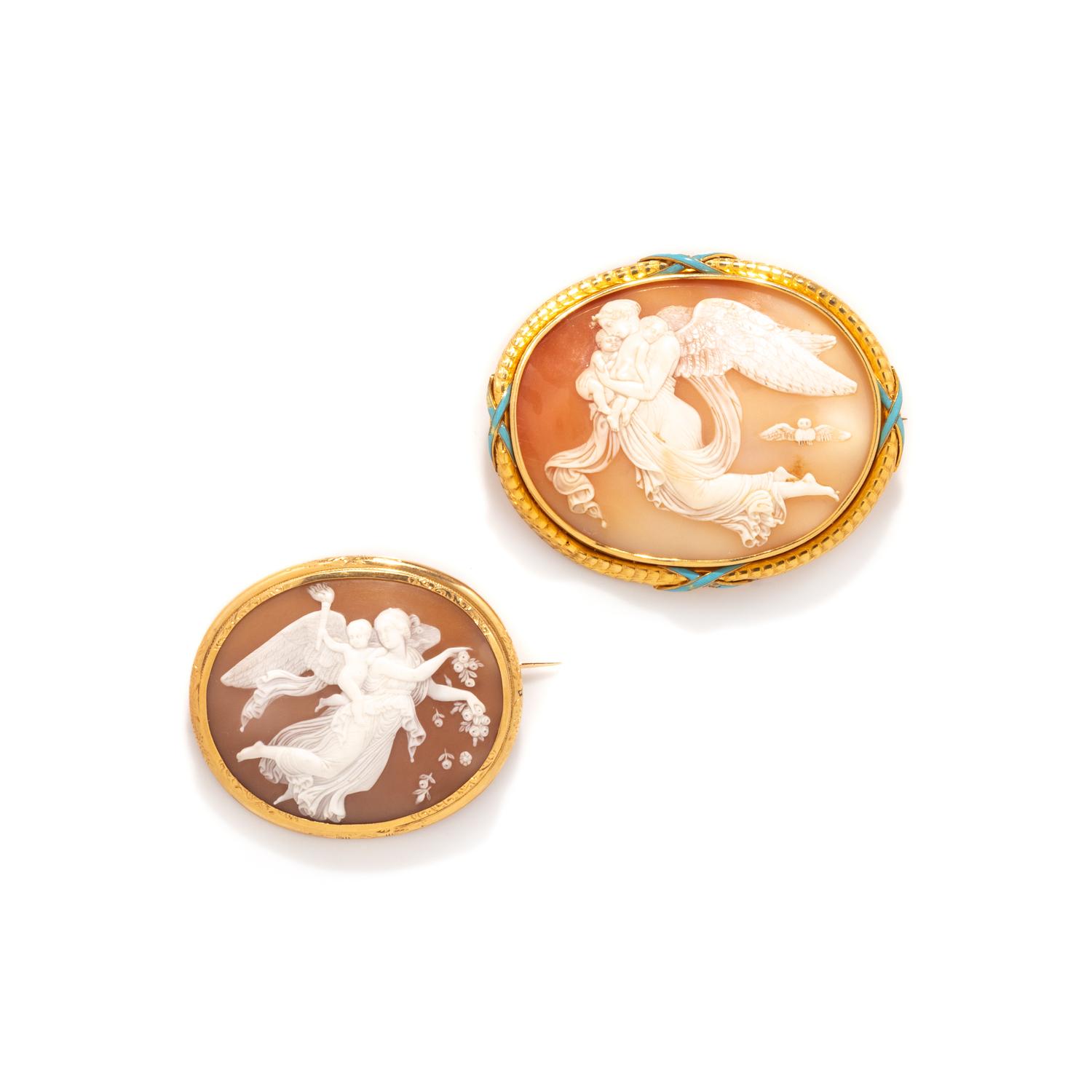 NEOCLASSICAL, TWO YELLOW GOLD AND SHELL CAMEO BROOCHES