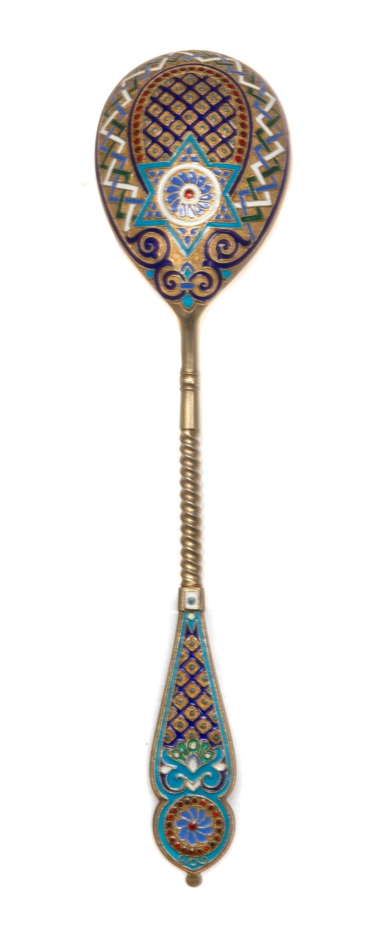 A Russian Silver-Gilt and Enamel Spoon, Maker's mark Cyrillic AHK, assay mark of Anatoly Artsybashev, Moscow, late 19th century, having
