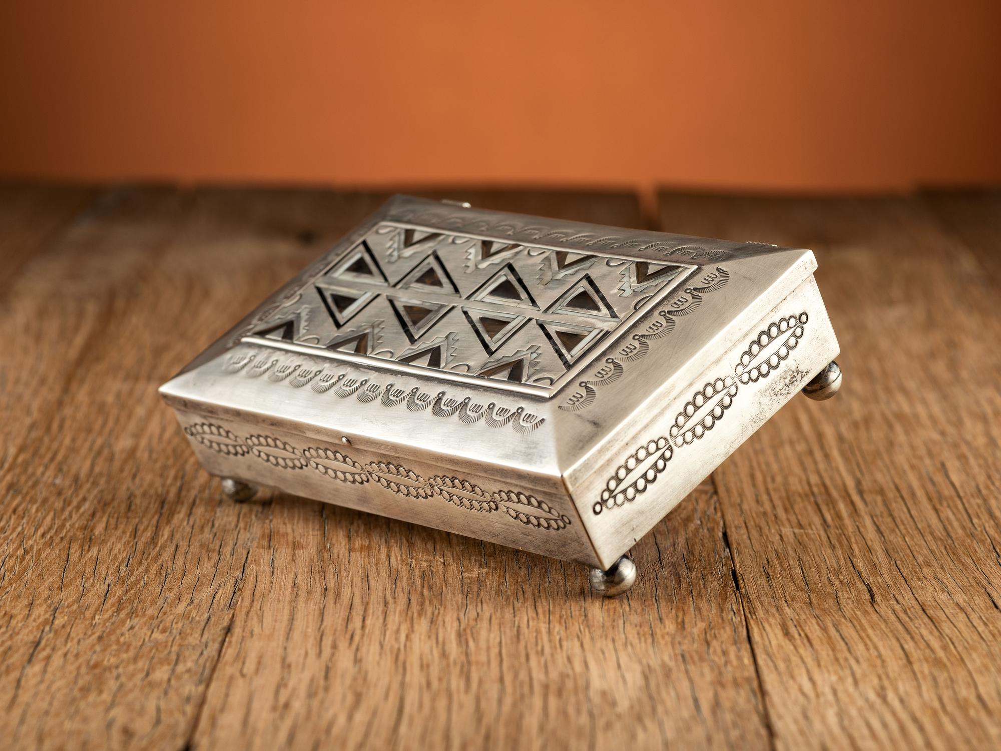 Award Winning Heavily Stamped Sterling Silver Box with Mosaic Inlay