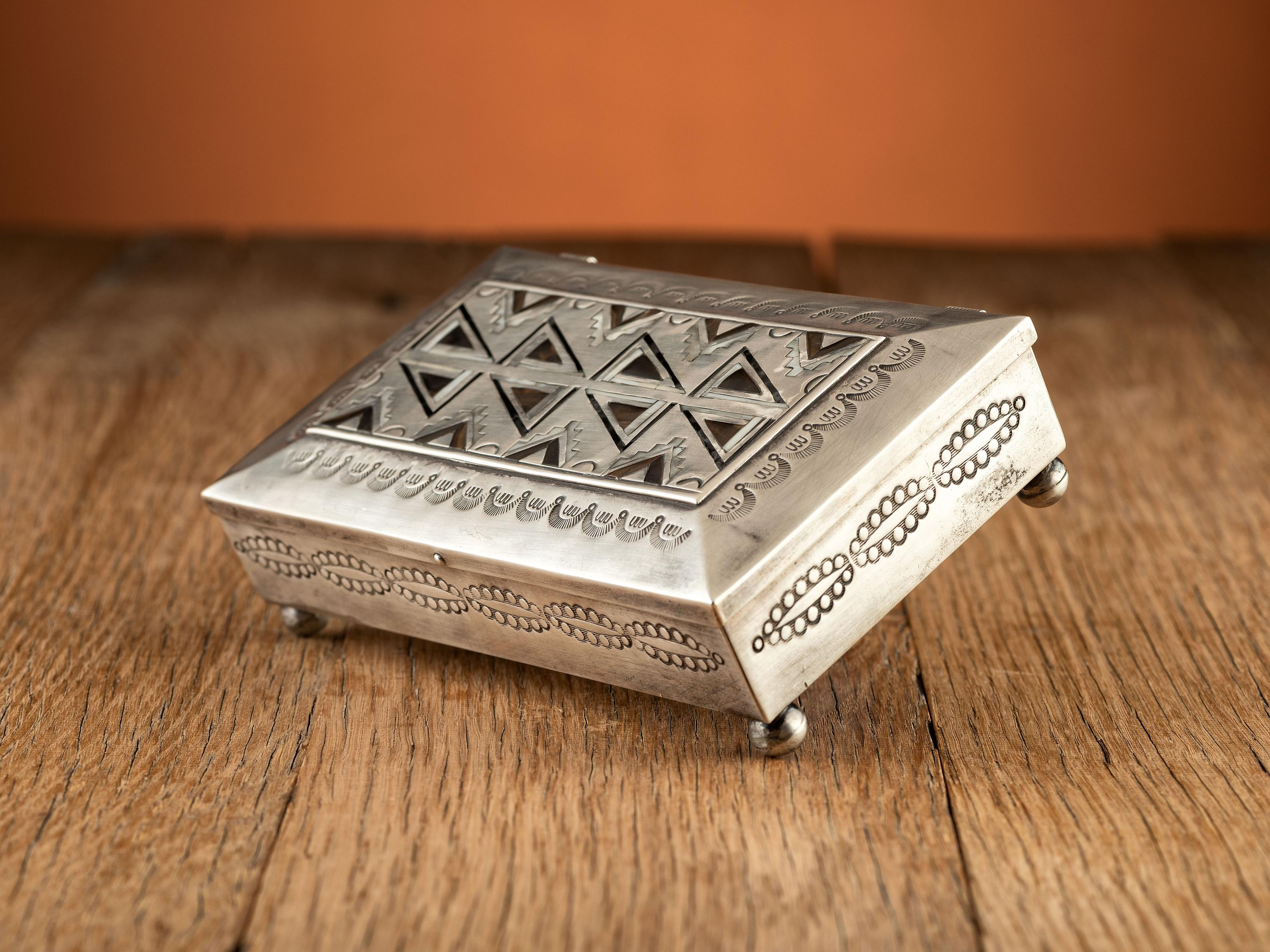 Award Winning Heavily Stamped Sterling Silver Box with Mosaic Inlay