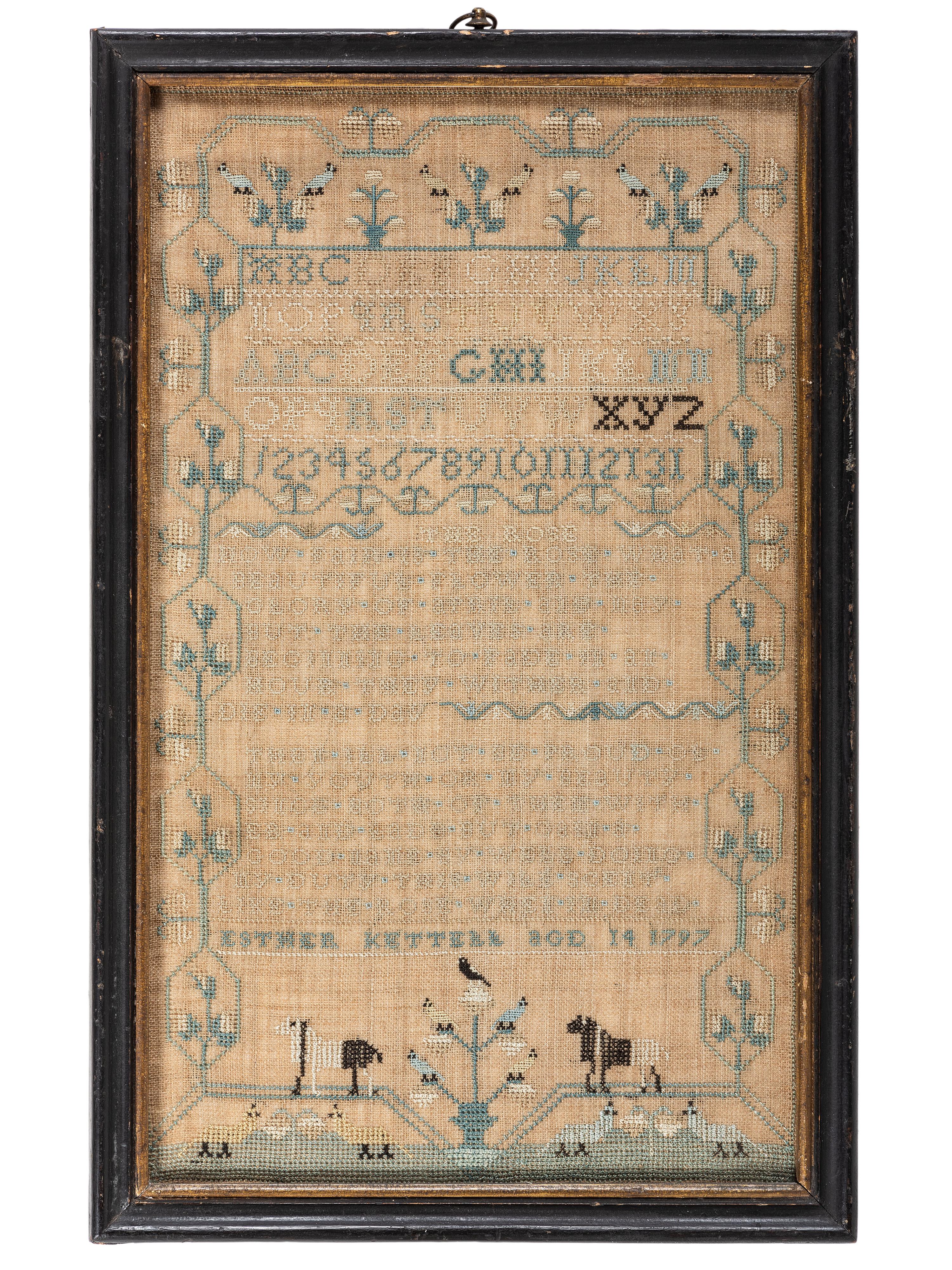 A Pair of Needlework Embroidered Schoolgirls' Samplers, Wrought by the Kettell Sisters, Sukey and Esther