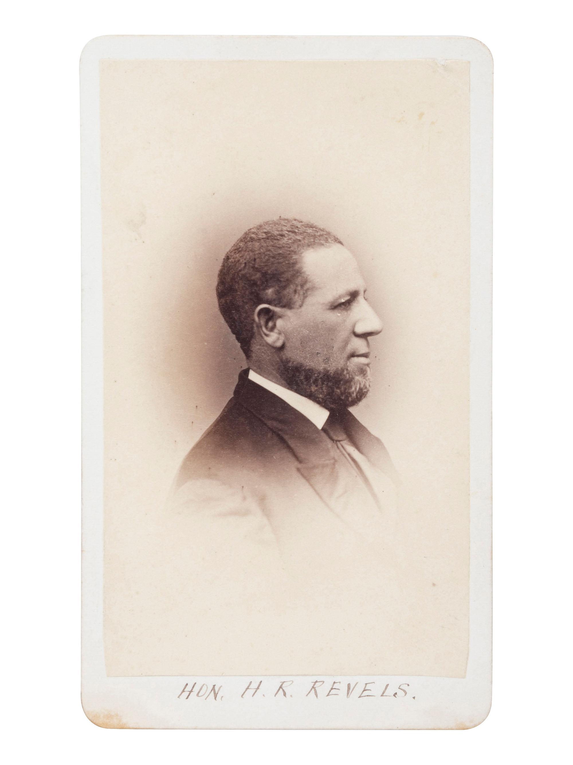 [POLITICS]. BRADY, Mathew (1822-1896), photographer. CDV of first African American US Senator Hiram Rhodes Revels. Washington, DC: ca 1868.
