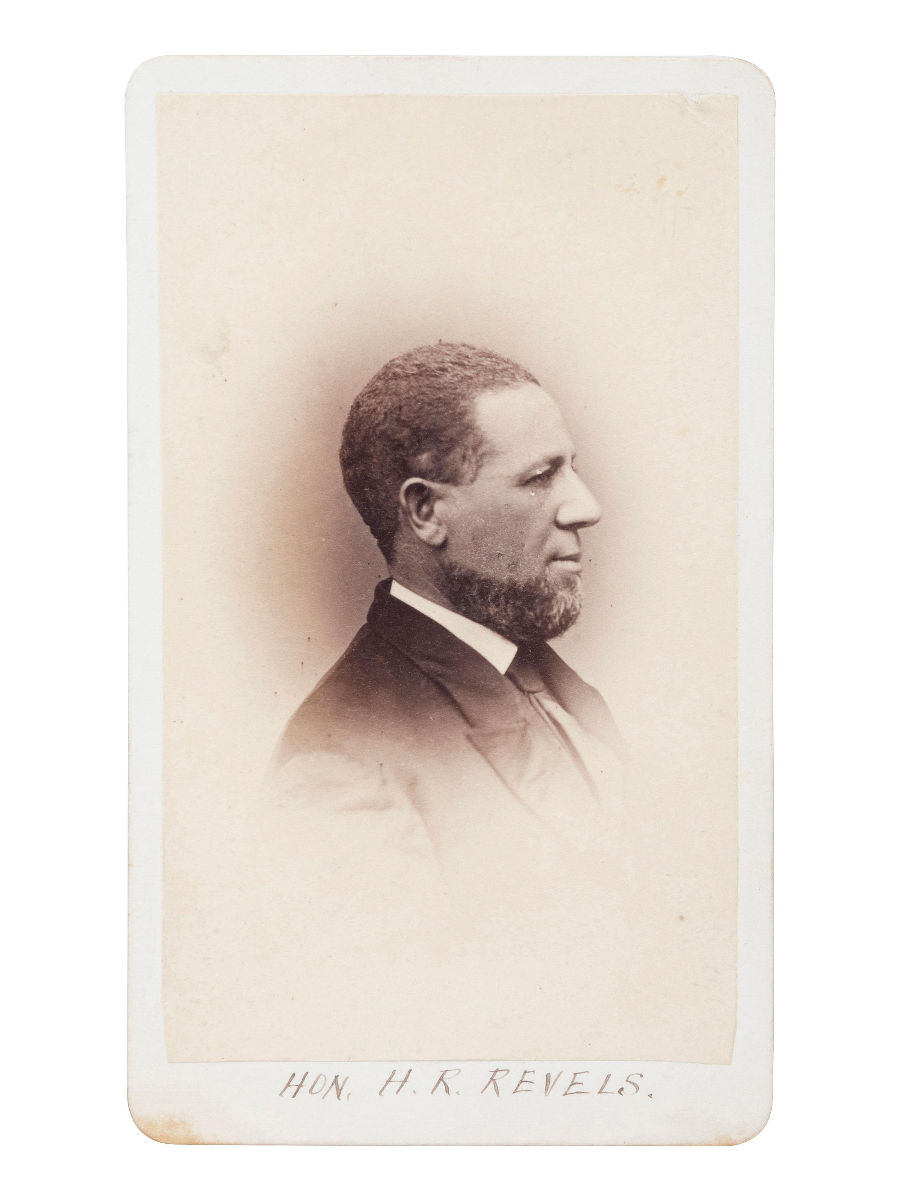 [POLITICS]. BRADY, Mathew (1822-1896), photographer. CDV of first African American US Senator Hiram Rhodes Revels. Washington, DC: ca 1868.