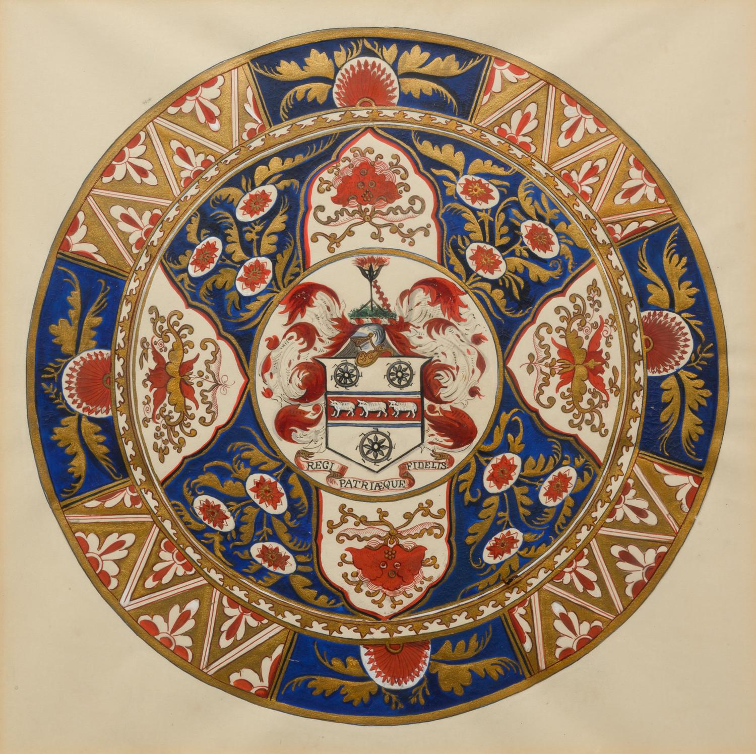 Five Parcel Gilt Watercolor Paintings of Armorial Porcelain Designs