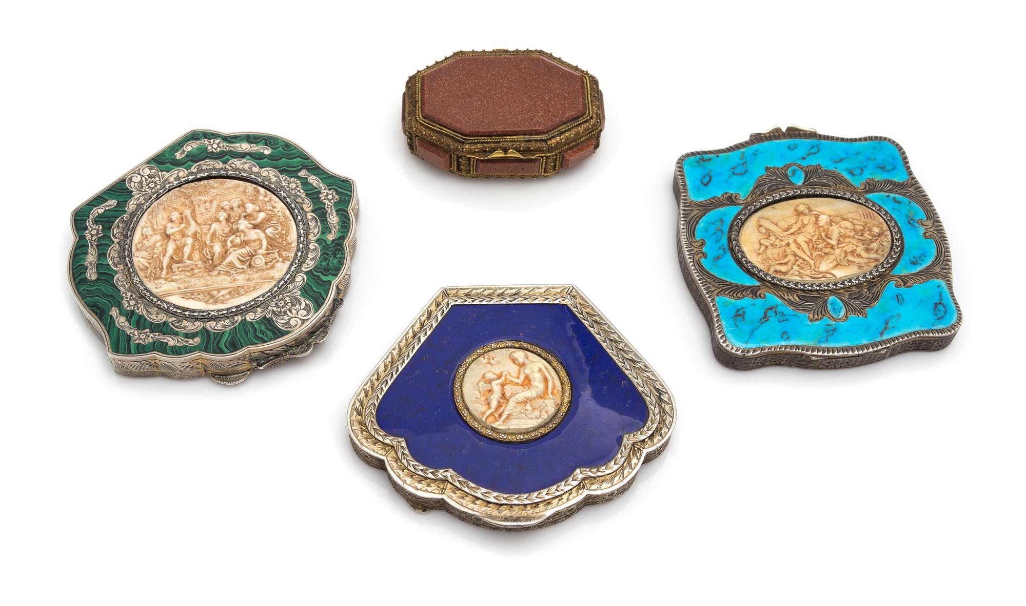 A Group of Three Continental Silver Compacts, Likely German, Late 19th/Early 20th Century, each having a central composite medallion de